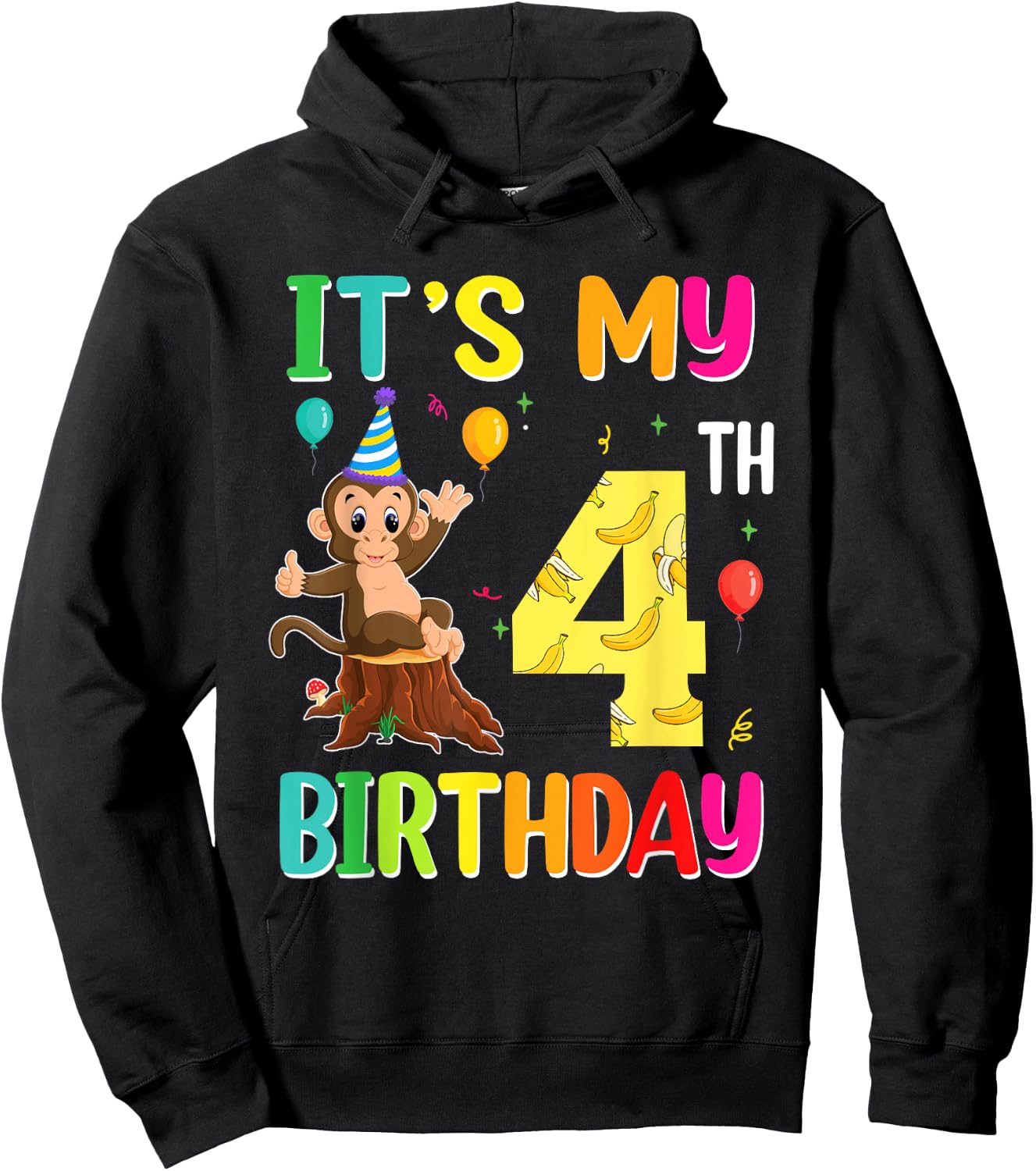 It's My 4th Birthday Monkey 4 Year Old Boy Girl Hoodie - Hoodie | Black