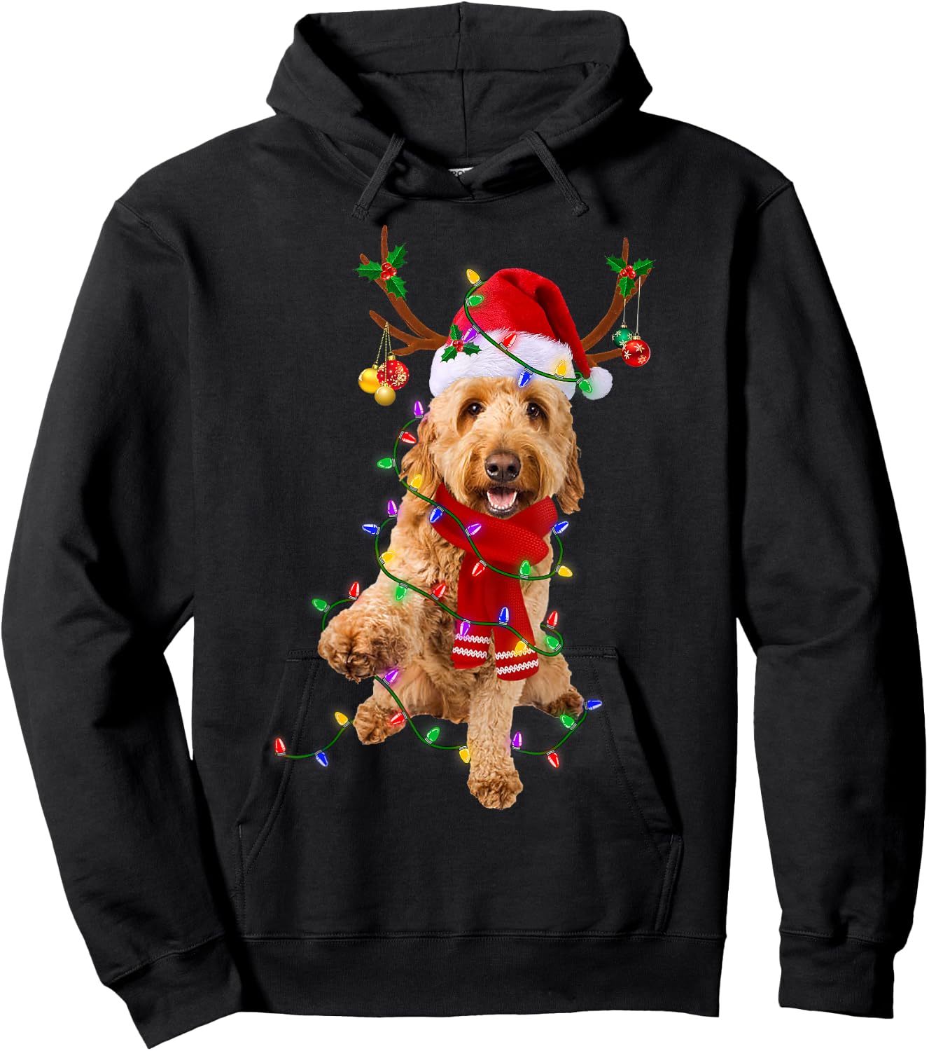 Funny Goldendoodle Dog Tree Christmas Lights Pajama Men Women Kids Hoodie - Hoodie | Black