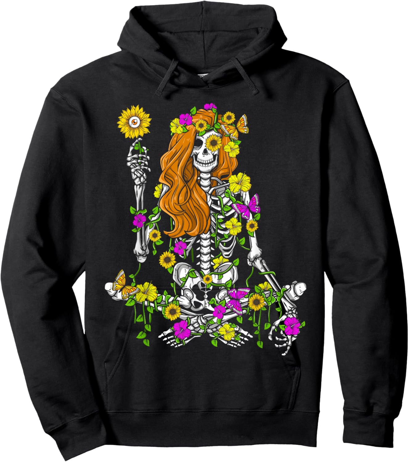 Skeleton Hippie Flowers Sunflower Lover Women Halloween Hoodie - Hoodie | Black