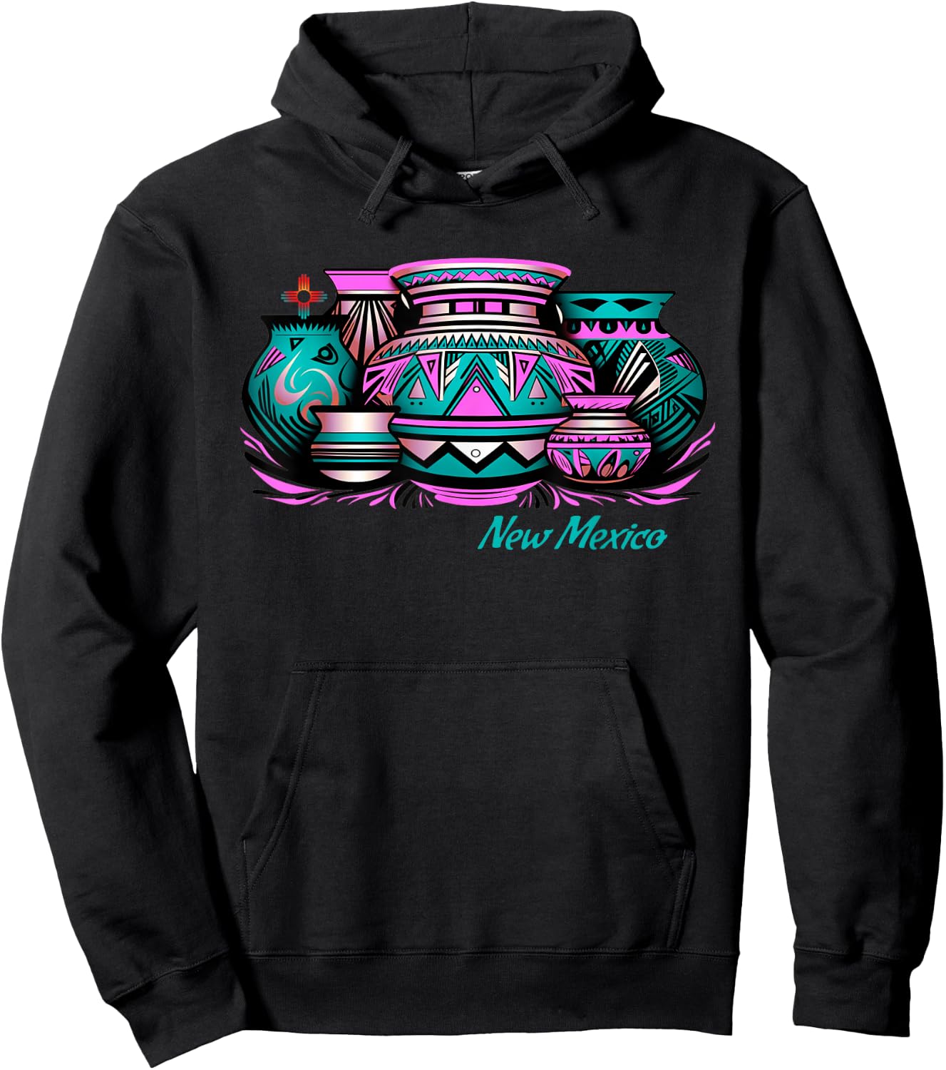 New Mexico Retro: Native Pottery & Zia Symbol Graphic Hoodie - Hoodie | Black