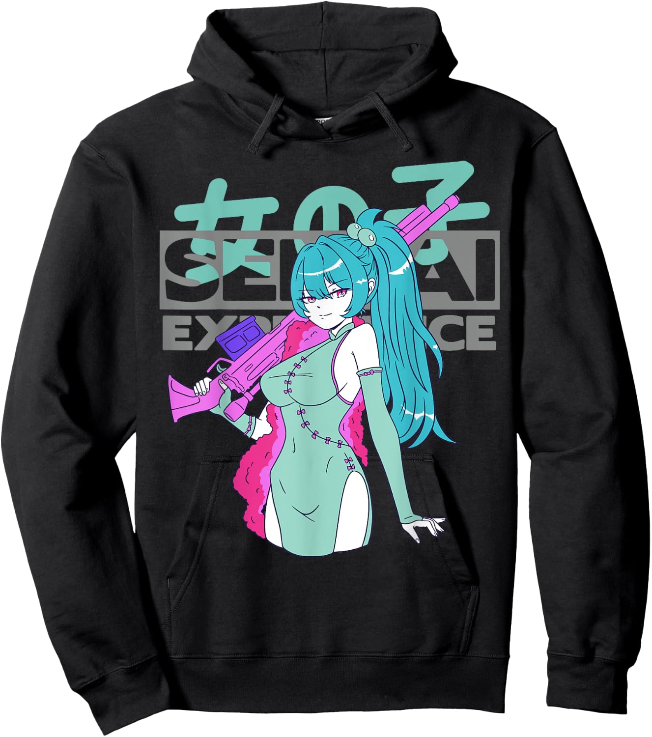 Sexy Waifu Anime Girl with Sniper Rifle and Blue Hair Senpai Hoodie - Hoodie | Black