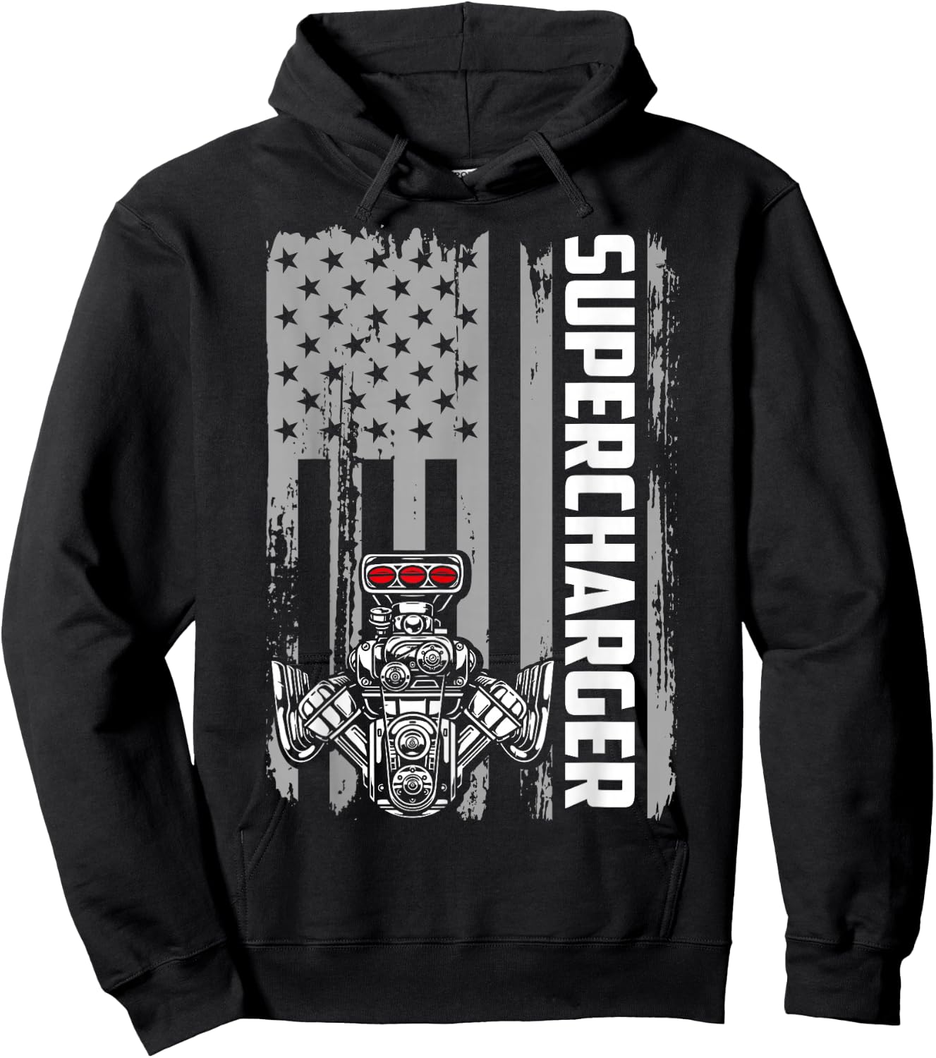 Supercharger Engine American Flag Muscle Car Racing Car Guy Hoodie - Hoodie | Black