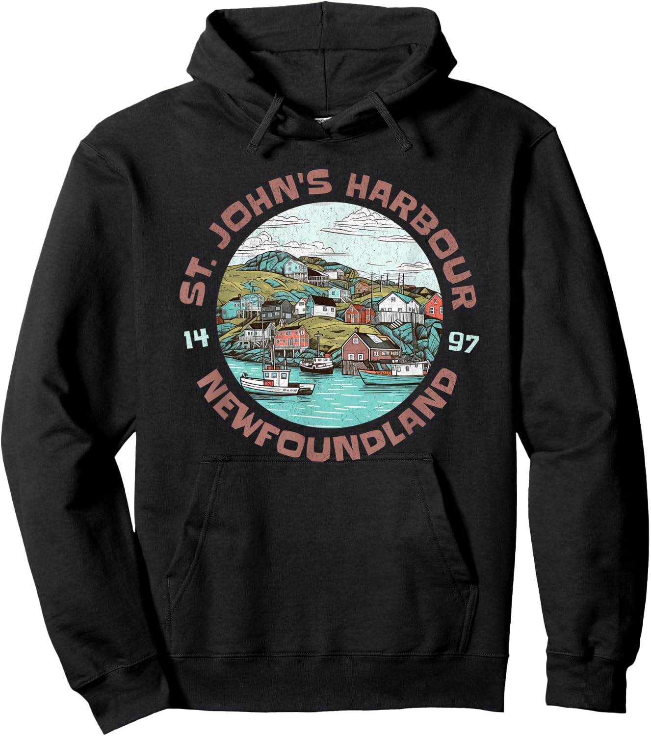 St. John's Harbour Fishing Village Est 1497 Newfoundland Hoodie - Hoodie | Black