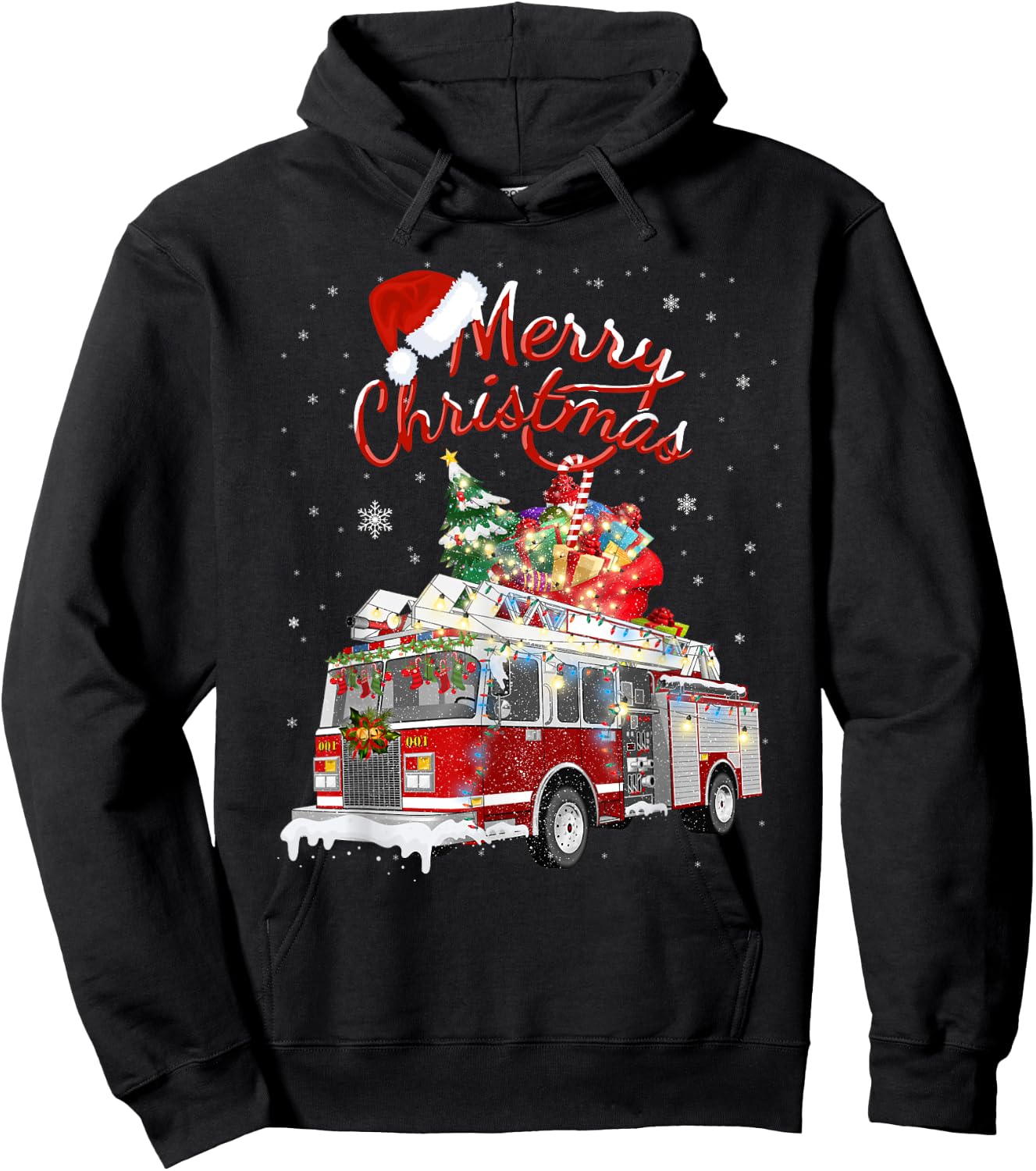 Firetruck Santa Sleigh Fireman Christmas Firefighter Xmas Hoodie - Hoodie | Black