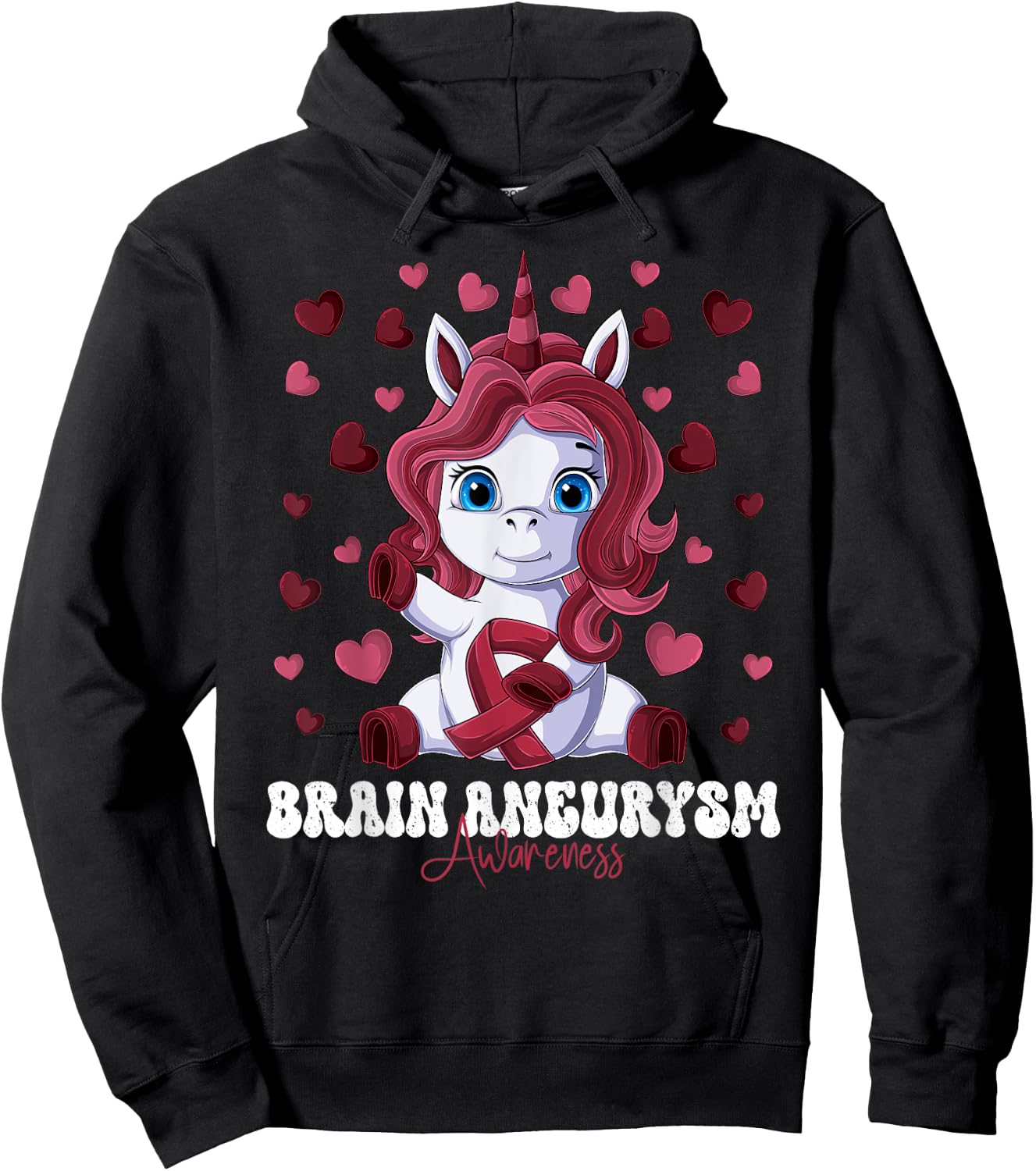 Brain Aneurysm Awareness Month Burgundy Ribbon Unicorn Hoodie - Hoodie | Black