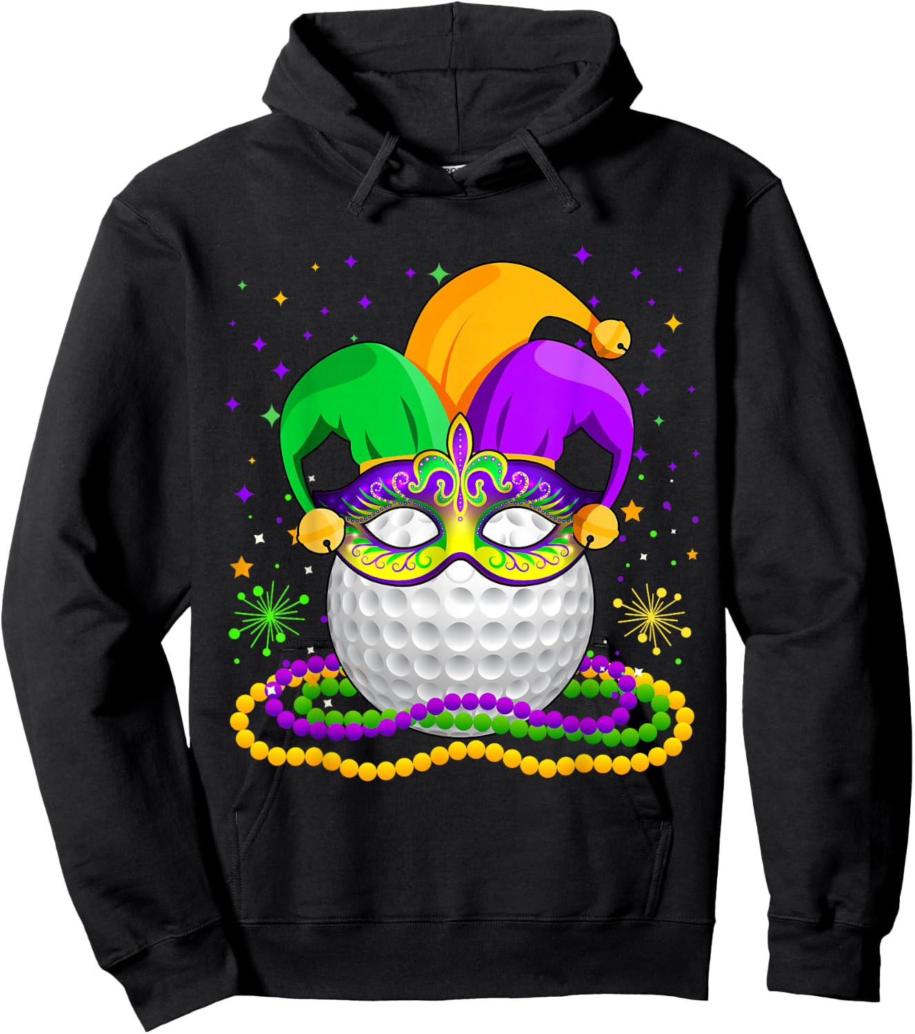 Golf Wearing Jester Hat Masked Beads Mardi Gras Player Hoodie - Hoodie | Black