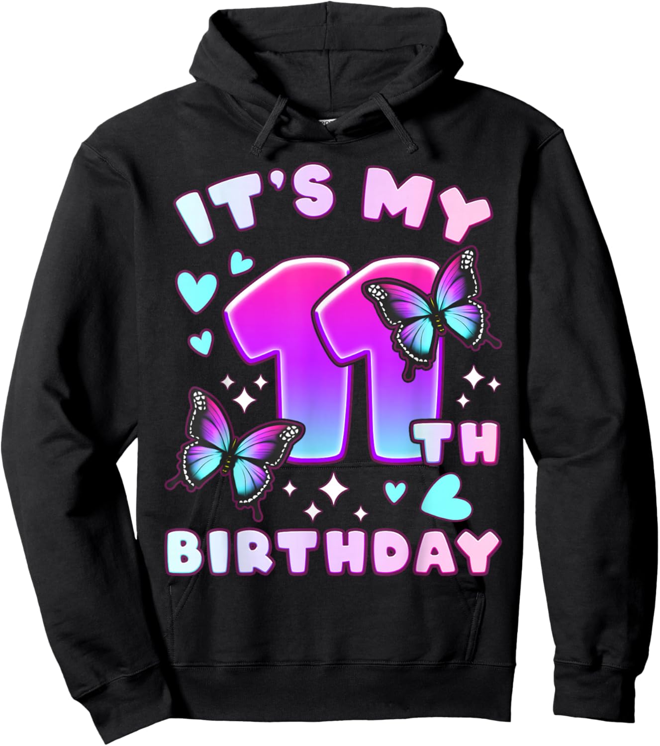 11th Birthday, Girl 11 Years, Butterflies and Number 11 Hoodie - Hoodie | Black