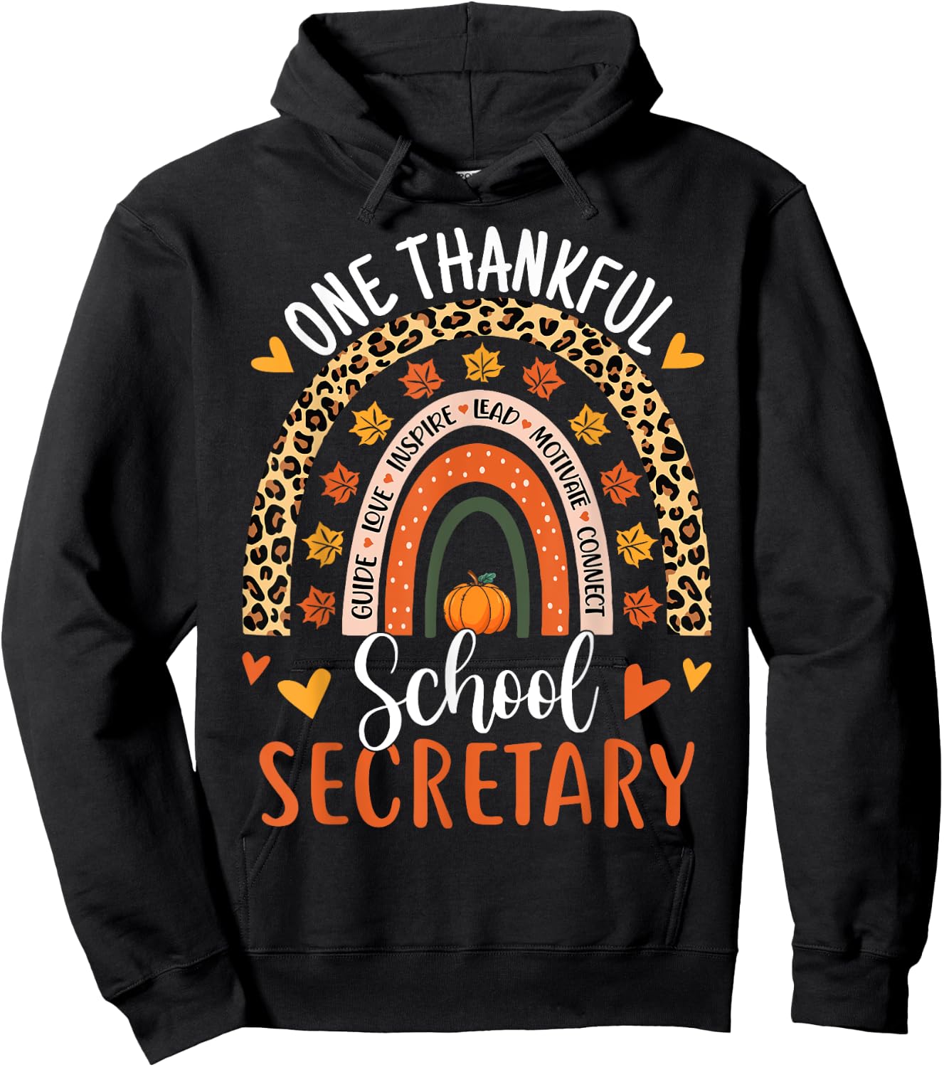 One Thankful School Secretary Thanksgiving Rainbow Leopard Hoodie - Hoodie | Black