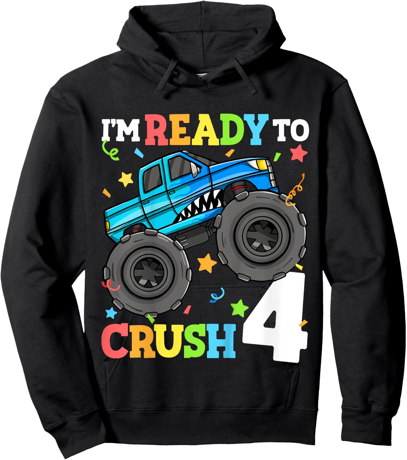 Kids Monster Truck Shark 4th Birthday Boy Toddler 4 Four Year Old Hoodie - Hoodie | Black