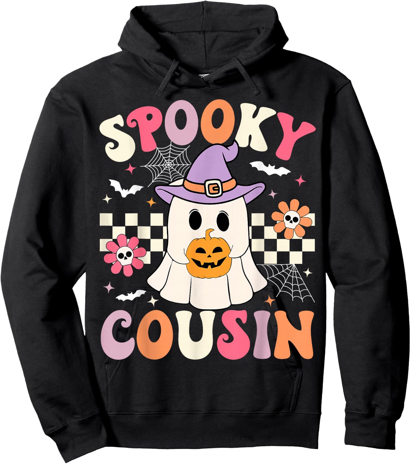 Groovy Spooky Cousin Retro Ghost Holding Pumpkin Halloween Hoodie - Hoodie | Black