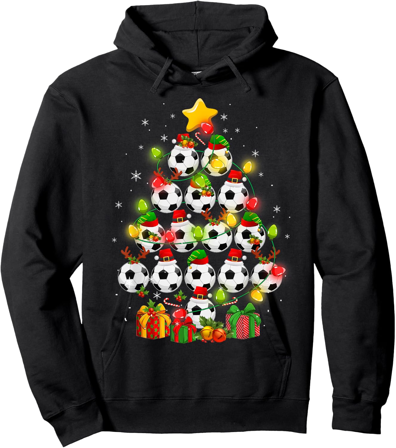 Soccer Balls Santa Elf Hat Christmas Tree Lights Ornaments Hoodie - Hoodie | Black