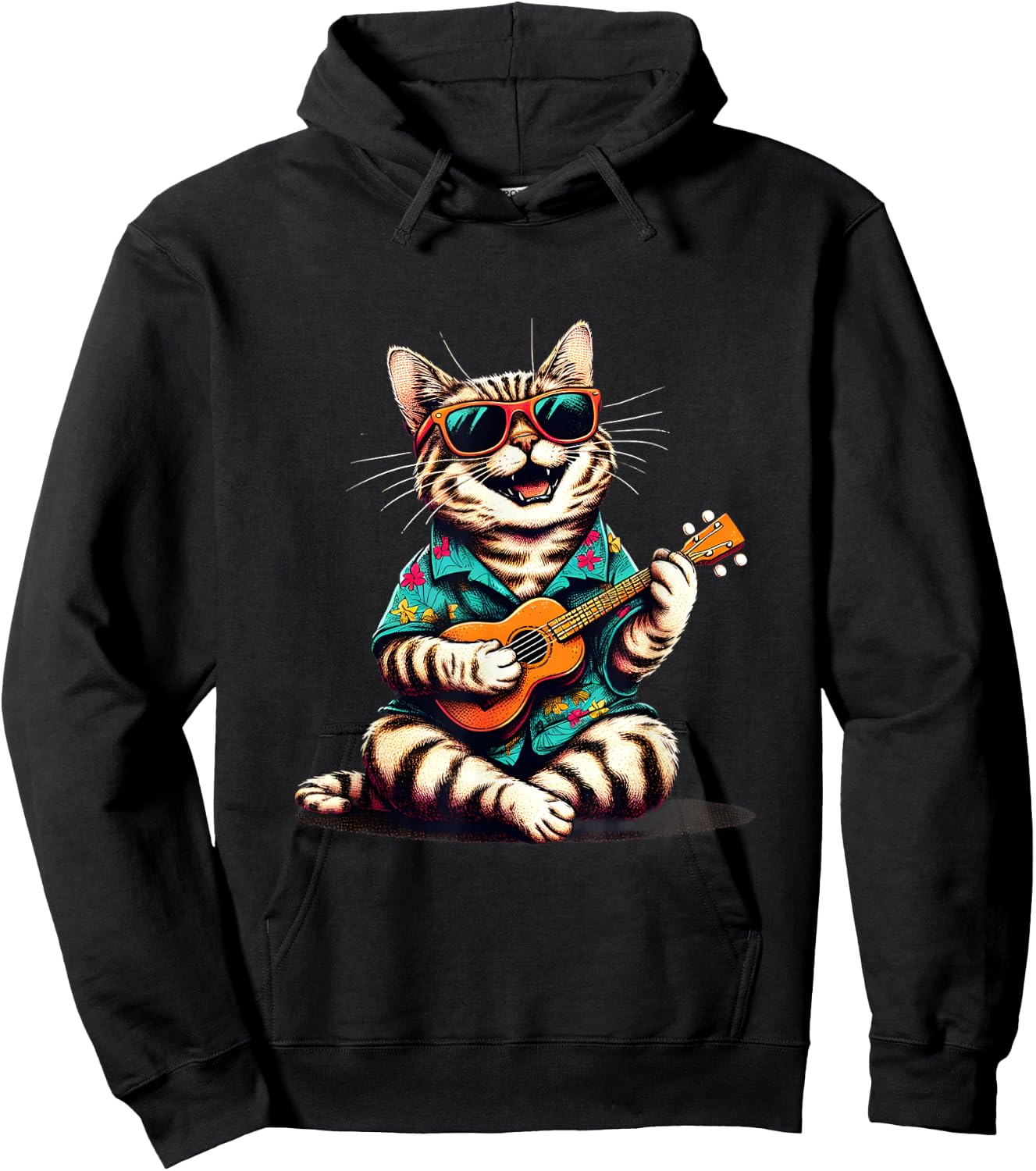 Cat Wearing a Hawaiian Shirt, Playing a Ukulele Hoodie - Hoodie | Black