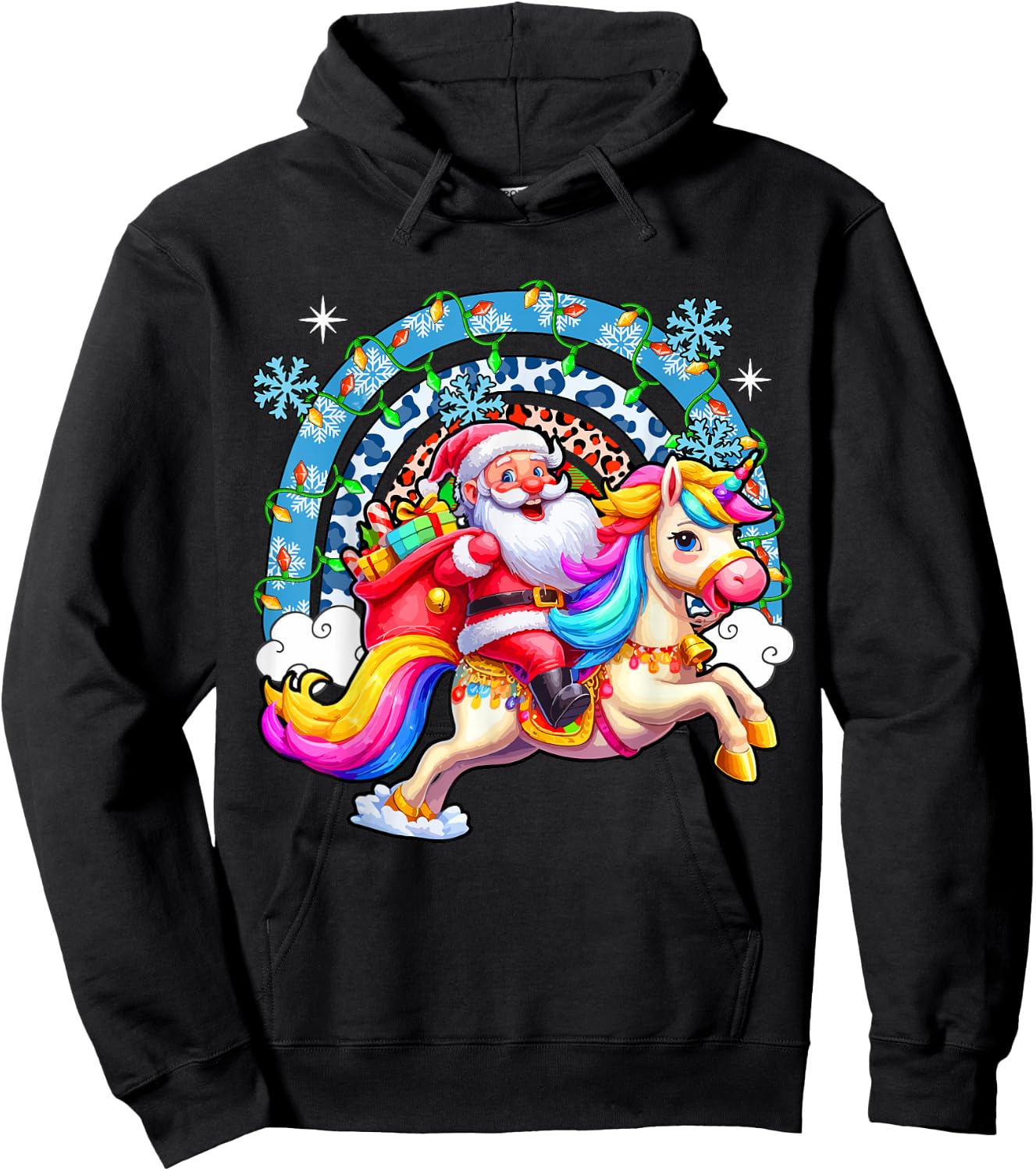 Santa Riding Colourful Unicorn Christmas Rainbow Xmas Lights Hoodie - Hoodie | Black