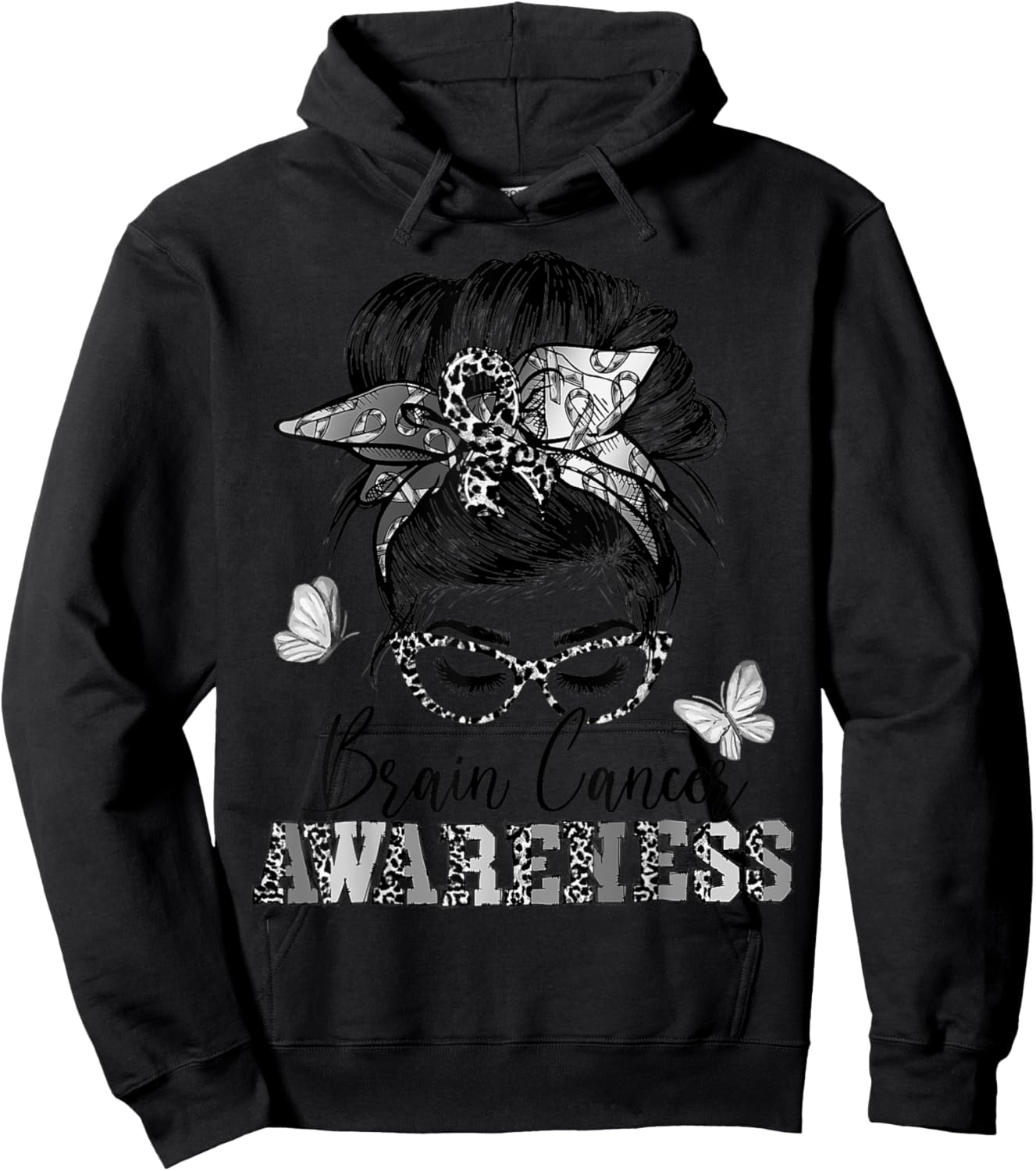 Messy Hair Bun Gray Ribbon Brain Cancer Awareness Hoodie - Hoodie | Black