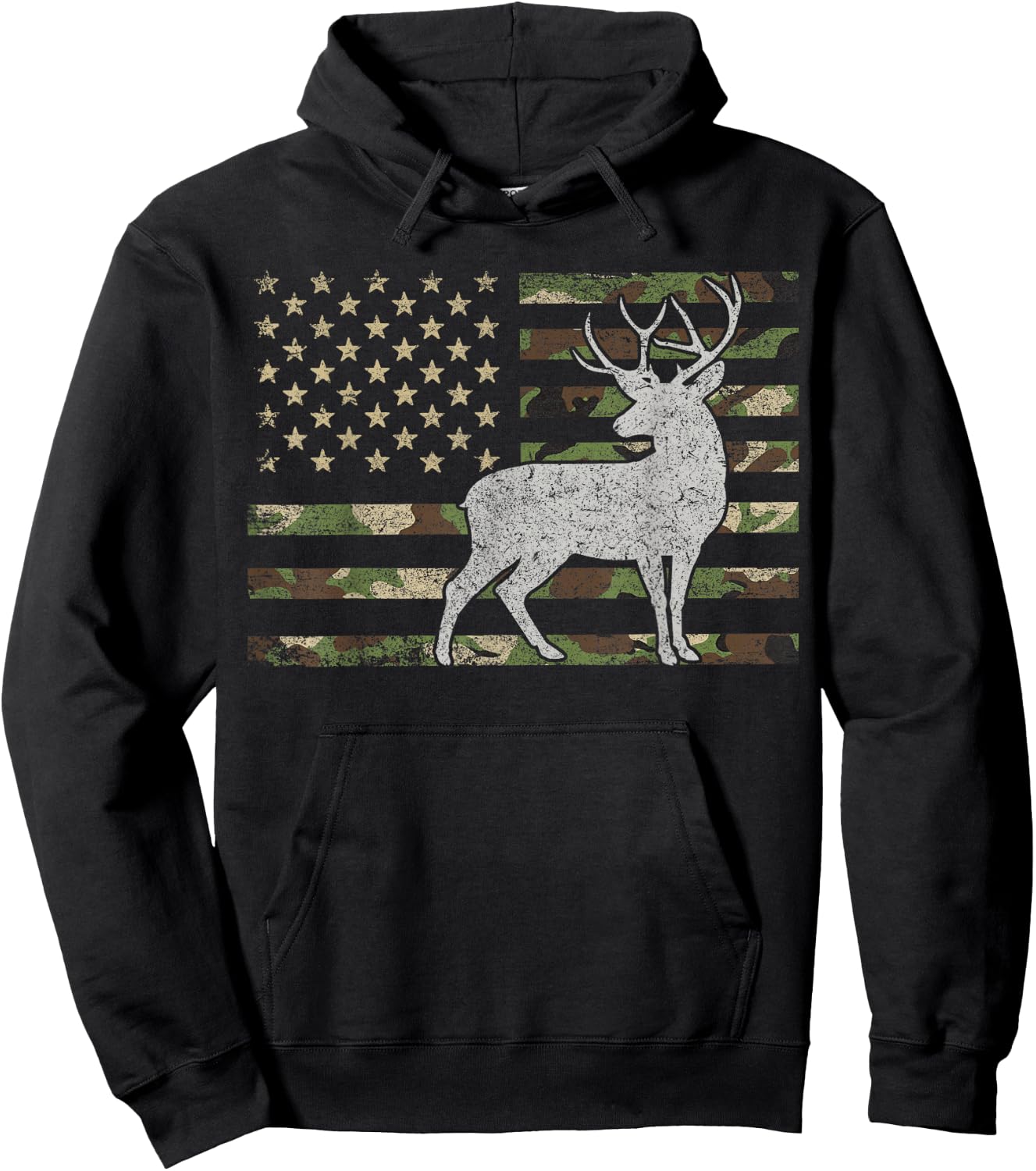 Whitetail Buck Deer Hunting American Camouflage USA Flag Women Kids Men Hoodie - Hoodie | Black