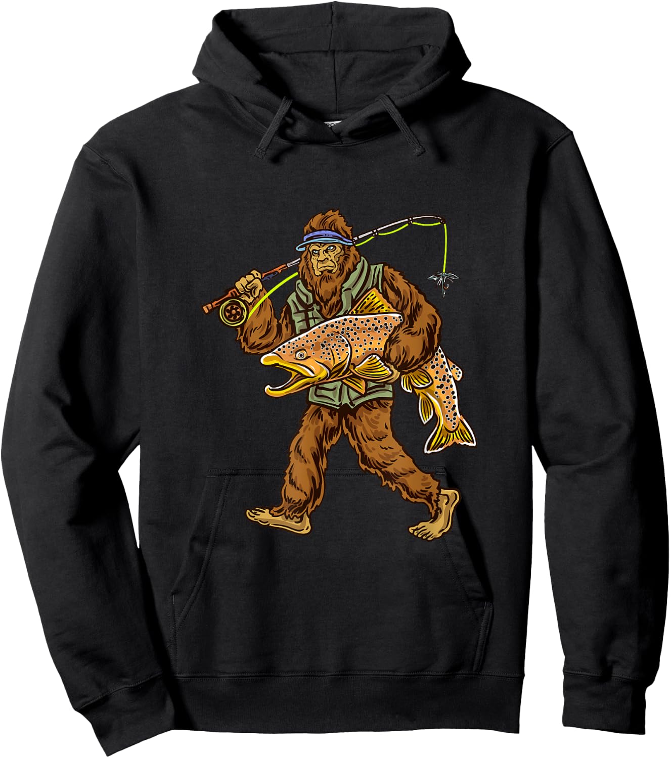 Brown Trout River Fishing Bigfoot Hunting Fishermen Hoodie - Hoodie | Black
