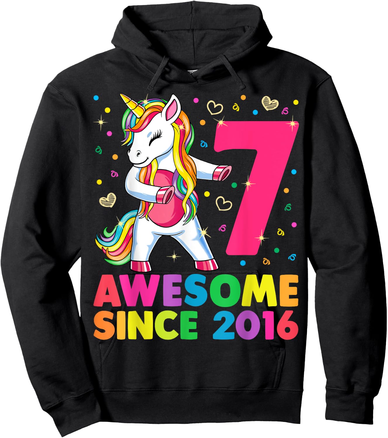 7 Years Old Unicorn Flossing 7th Birthday Girl Unicorn Party Hoodie - Hoodie | Black