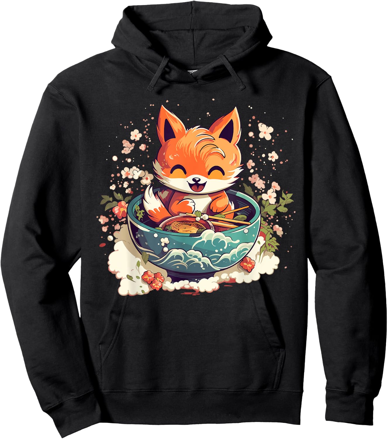 Kawaii Fox Eating Ramen - Ramen Noodle Lovers - Fox-Themed Hoodie - Hoodie | Black