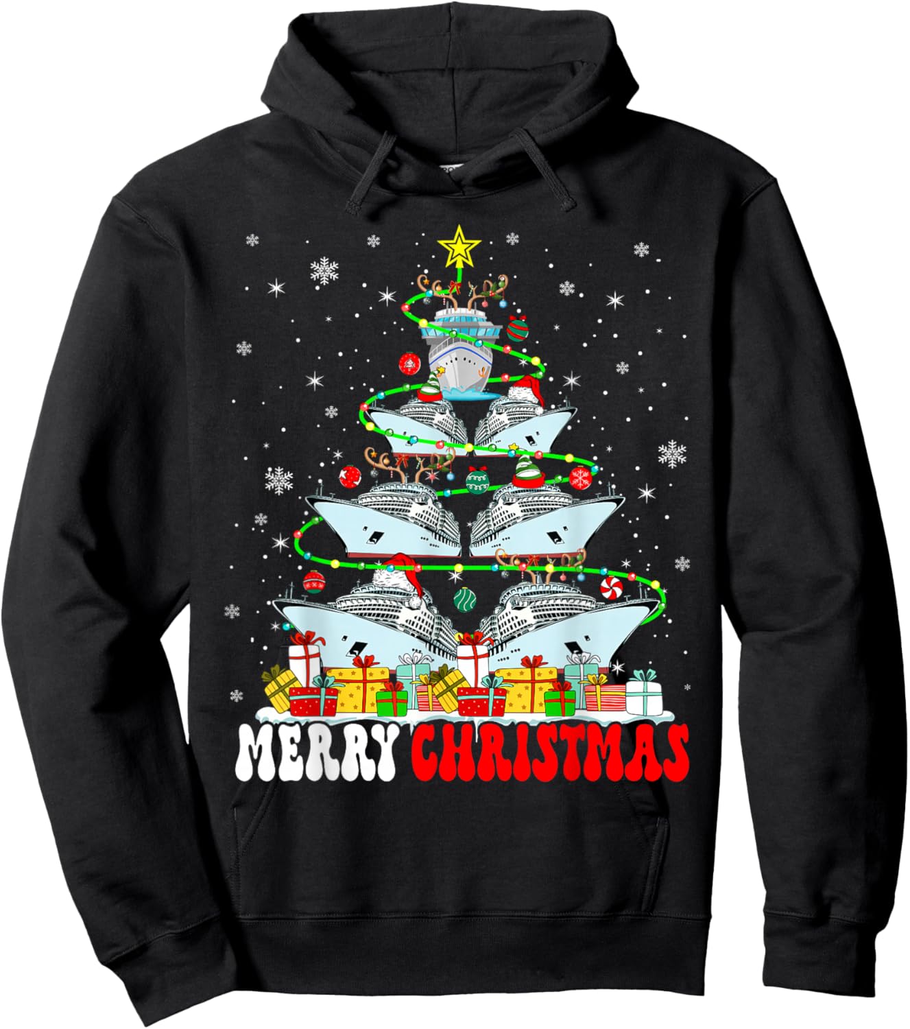 Merry Christmas Reindeer Elf Santa Cruise Ships Xmas Tree Hoodie - Hoodie | Black