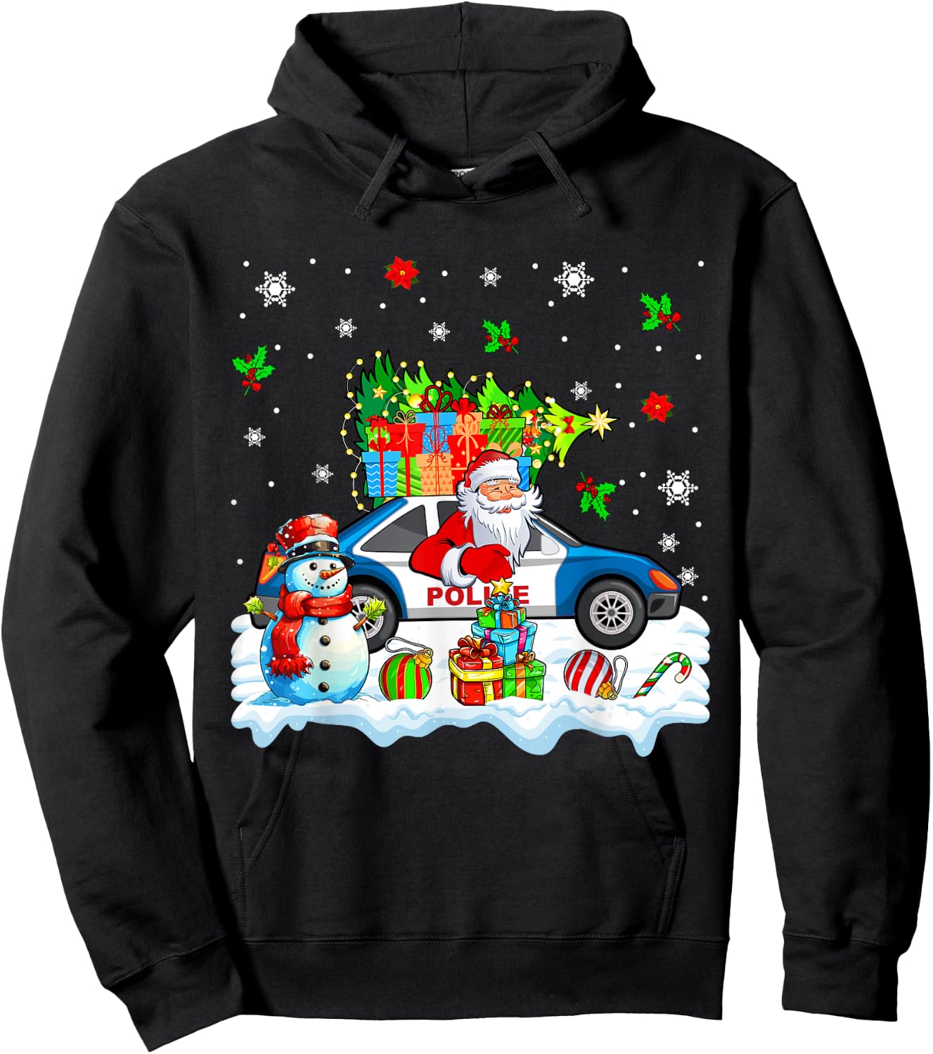 Santa Carrying Christmas Tree On Police Car Snowman Driver Hoodie - Hoodie | Black