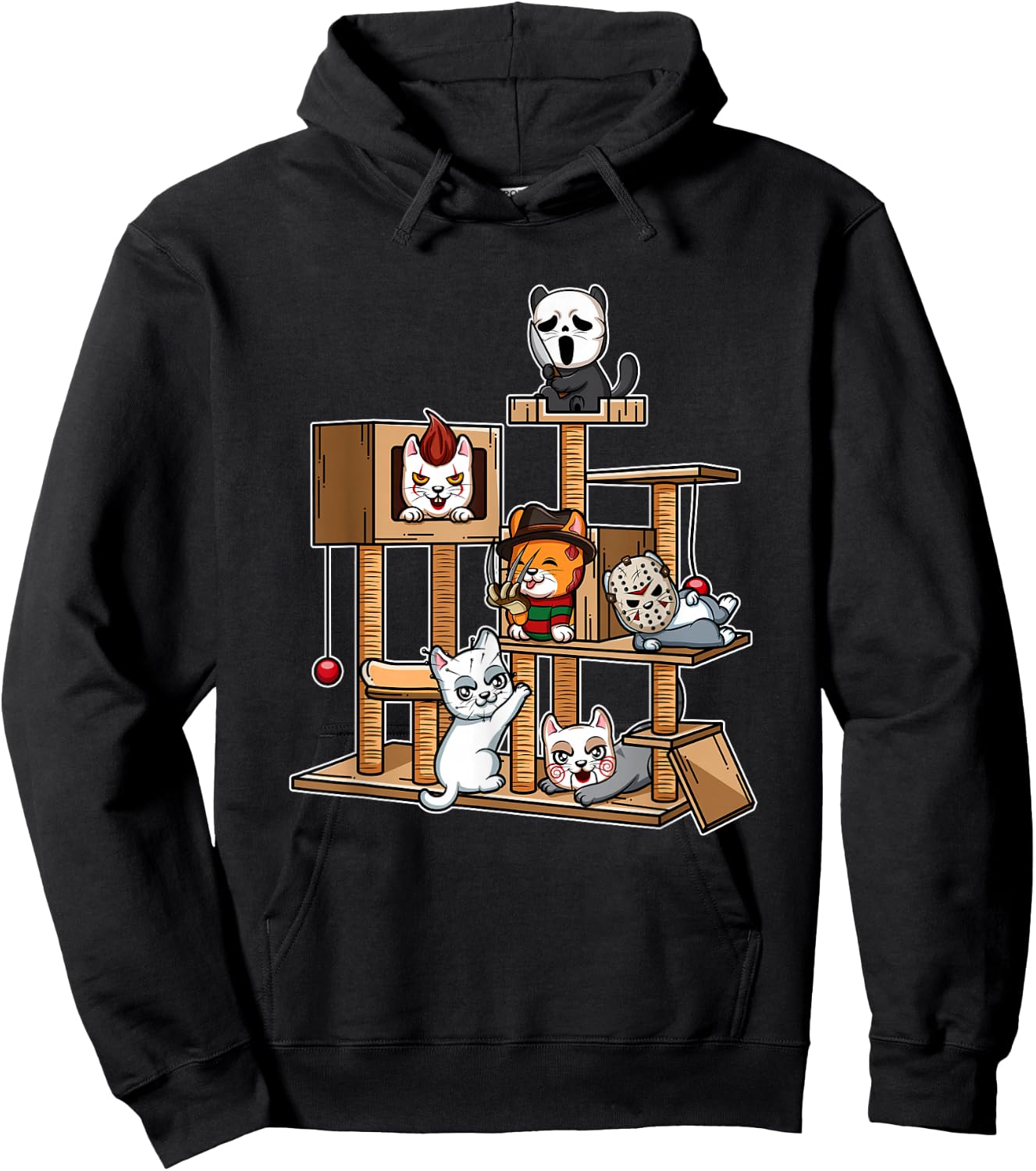 Funny Horror Movie Kitten Playing On Cat Tree Hoodie - Hoodie | Black
