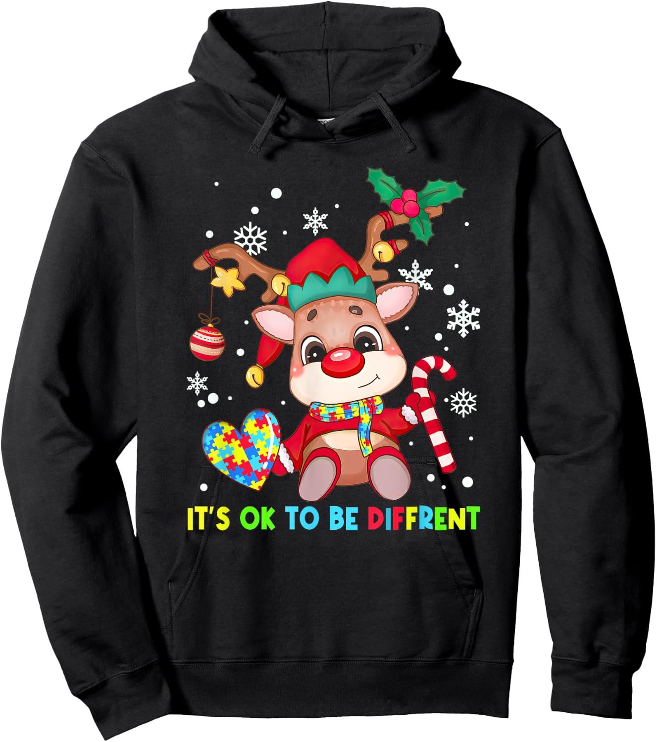 It's Ok To Be Different Reindeer Autism Awareness Christmas Hoodie - Hoodie | Black