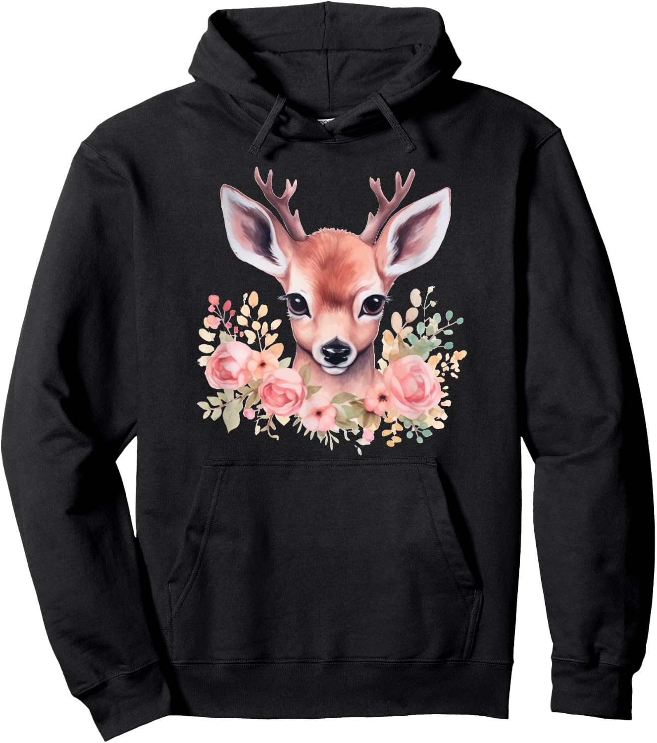 Fawn with Flowers Pink Deer Illustration Cute Deer Hoodie - Hoodie | Black