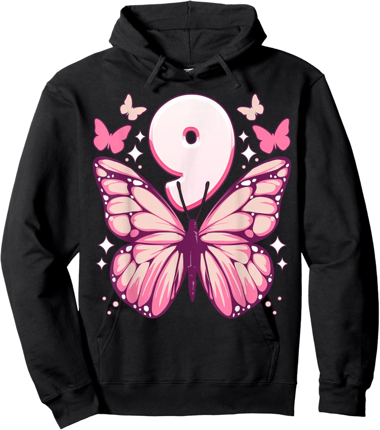 Birthday Girl 9 Years, Butterflies and Number 9 Hoodie - Hoodie | Black