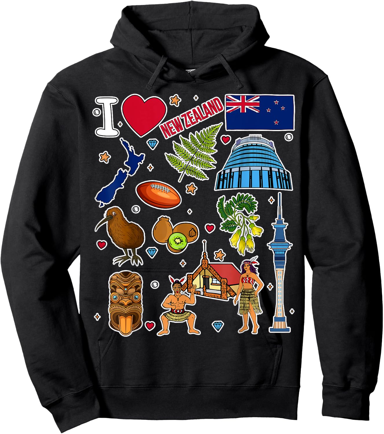 NZ hand drawn symbols, New Zealand map, cultural icons Hoodie - Hoodie | Black