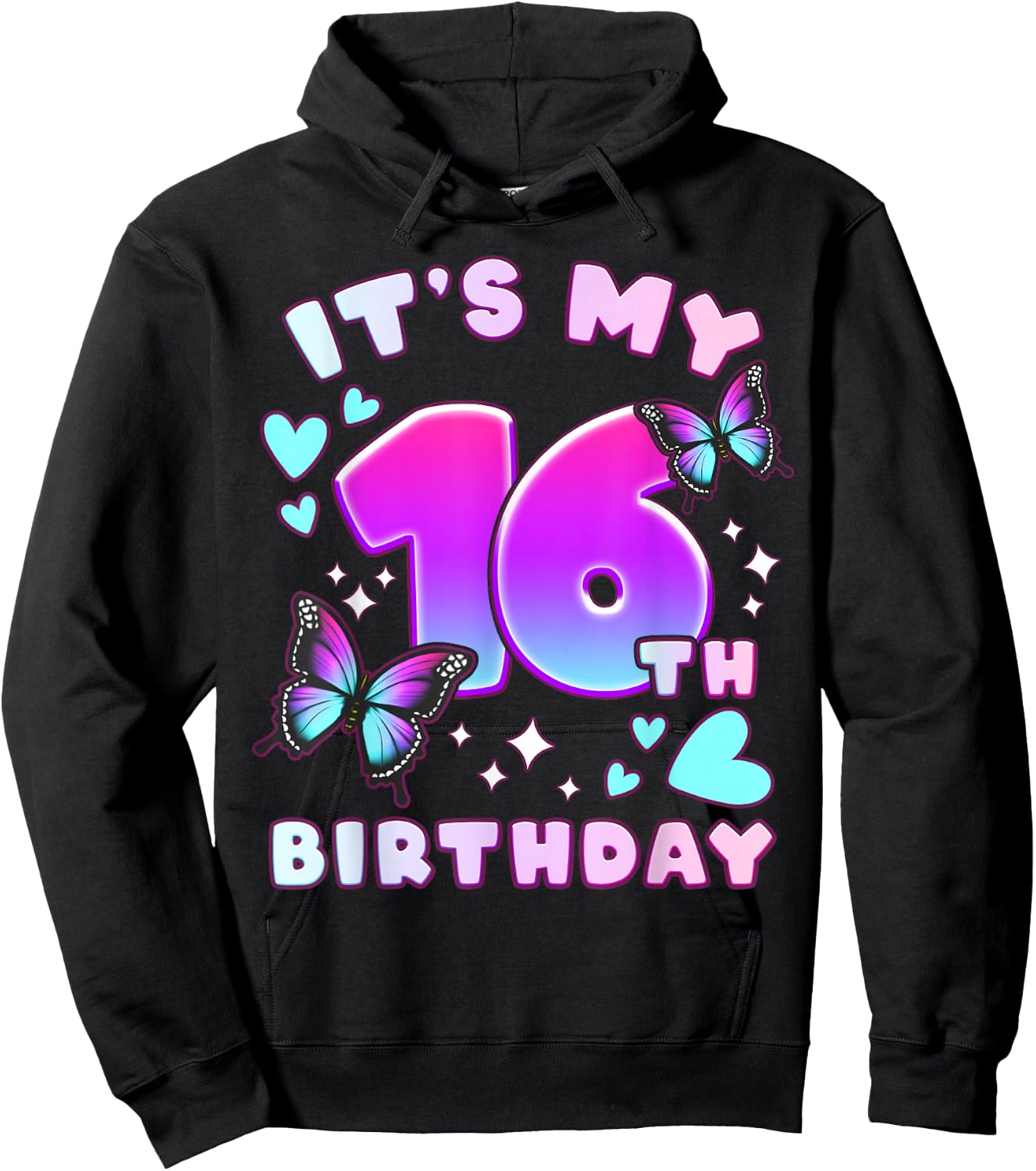 16th Birthday, Girl 16 years, Butterflies and Number 16 Hoodie - Hoodie | Black