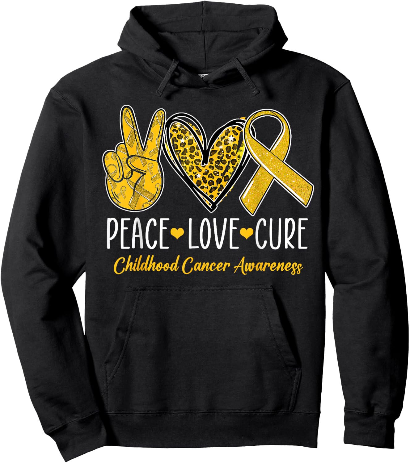 Peace Love Cure Childhood Cancer Awareness Gold Ribbon Hoodie - Hoodie | Black