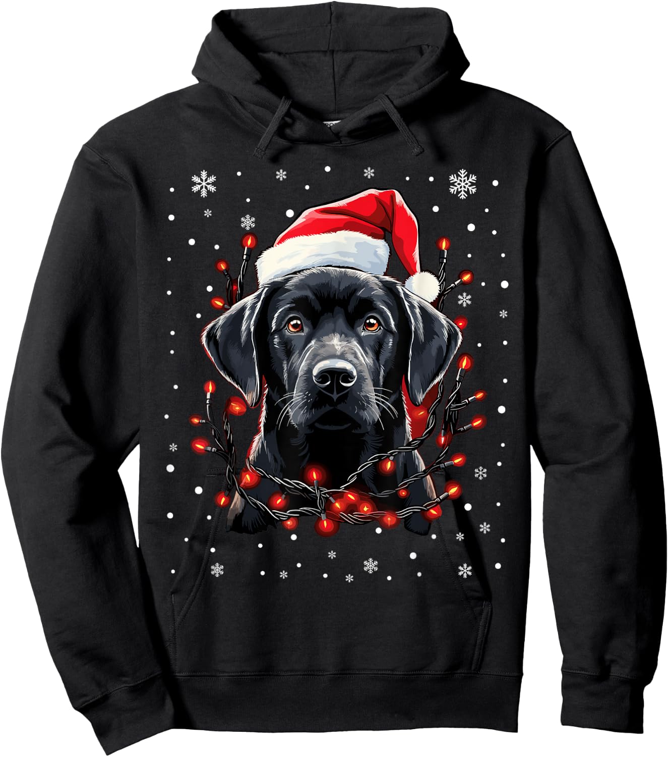 Black Labrador Christmas Lights Santa Hat Xmas Pajama Hoodie - Hoodie | Black