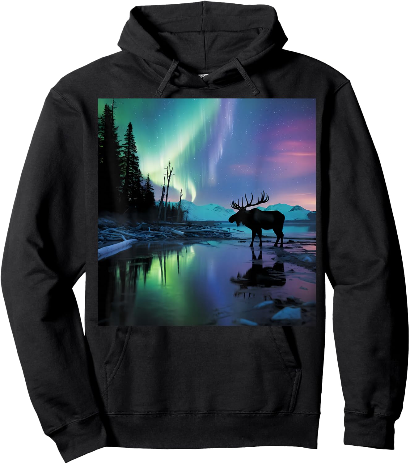 Alaska Aurora Borealis Moose Aesthetic Core Photo Souvenir Hoodie - Hoodie | Black