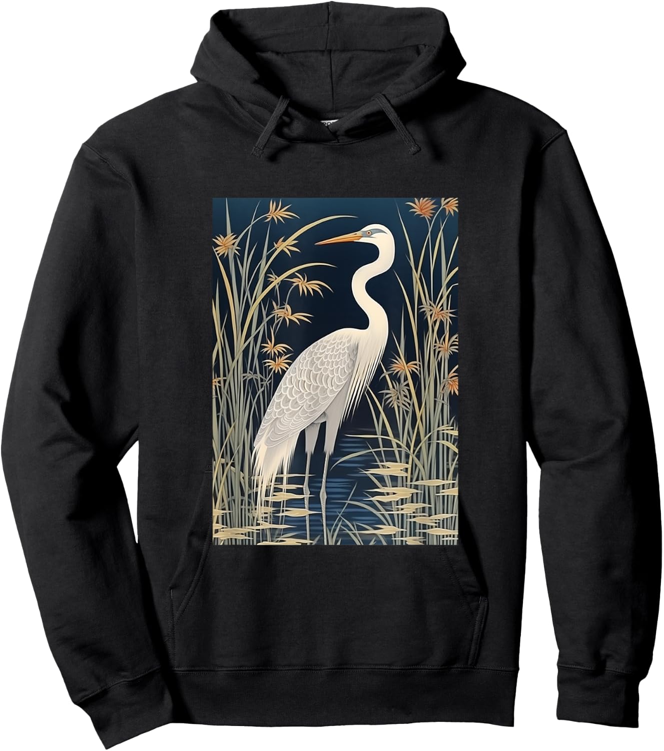 Vintage Japanese Fine Art Crane, Bamboo and Iris Koryusai Hoodie - Hoodie | Black