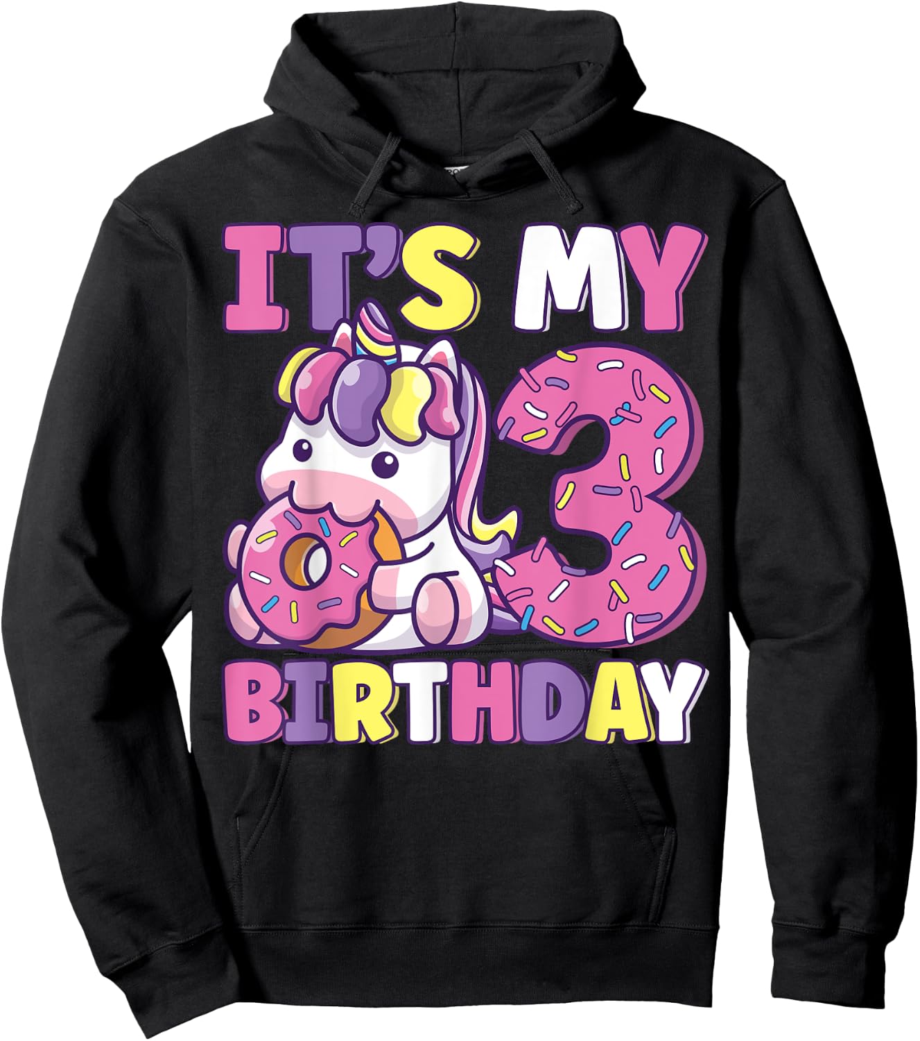 It's My 3rd Birthday Party Cute Girls Donut Birthday Unicorn Hoodie - Hoodie | Black