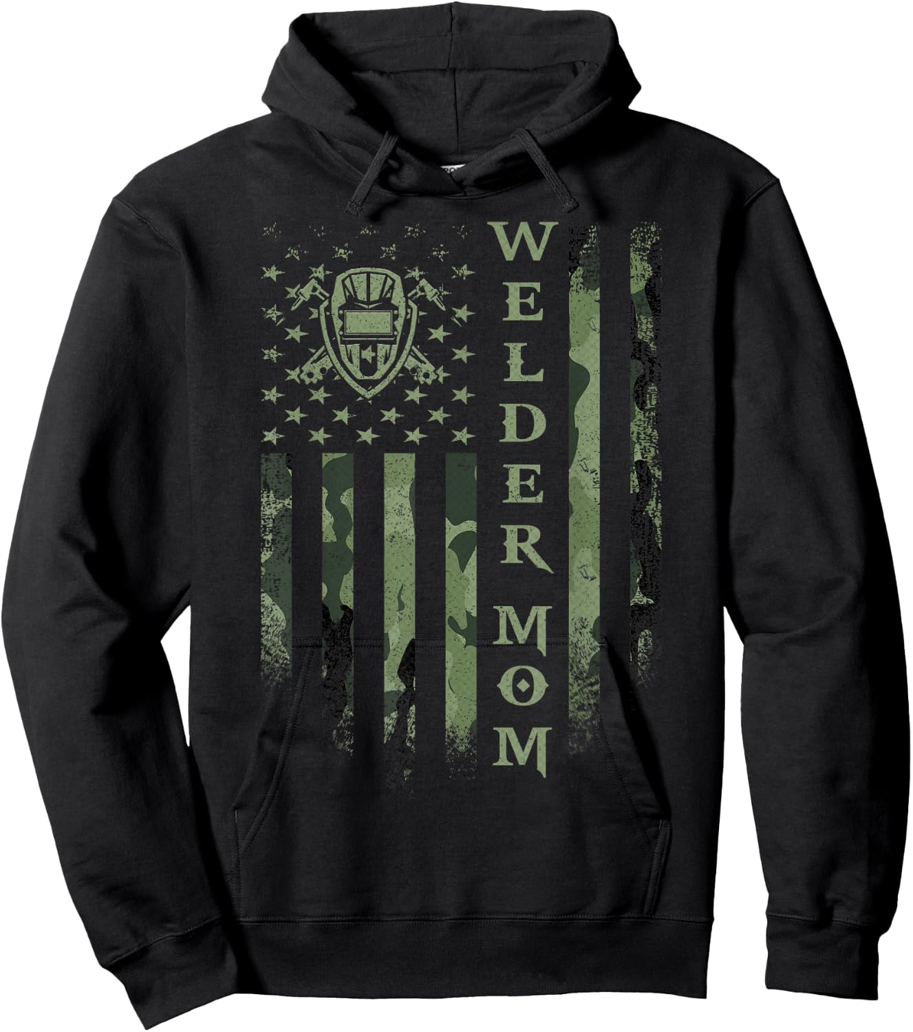 Vintage USA Camo Flag Proud Welder Mom Welding Silhouette Hoodie - Hoodie | Black