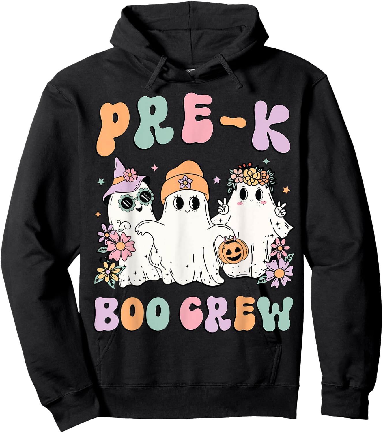 Pre-K Boo Crew Groovy Halloween Floral Ghost Pre K Teacher Men Women Kids Hoodie - Hoodie | Black