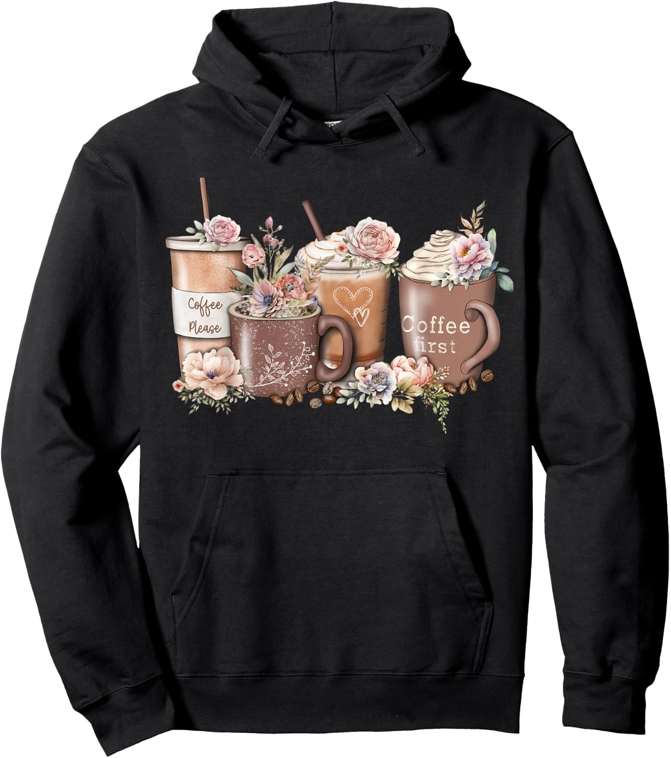 Floral Coffee Cup Iced Latte With Spring Flowers Hoodie - Hoodie | Black