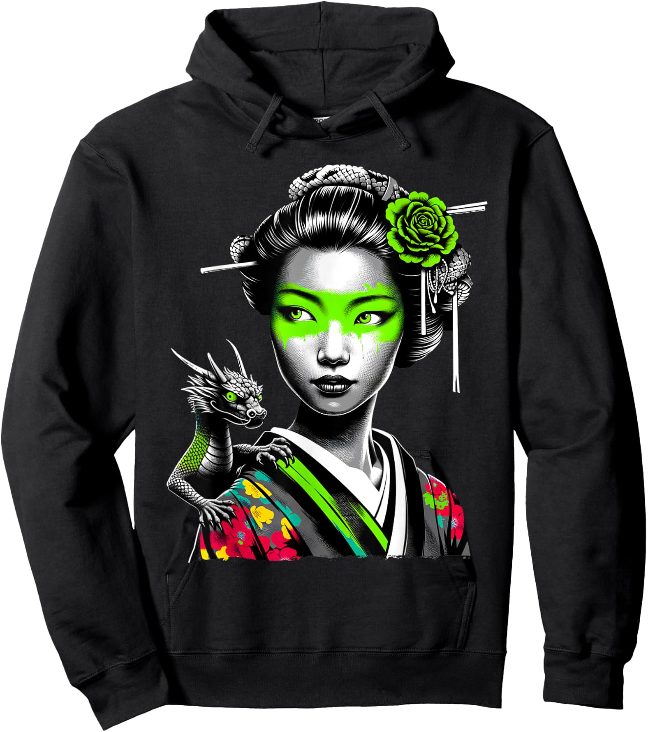 Japanese Girl and Dragon Animal Urban Art Aesthetic Graphic Hoodie - Hoodie | Black