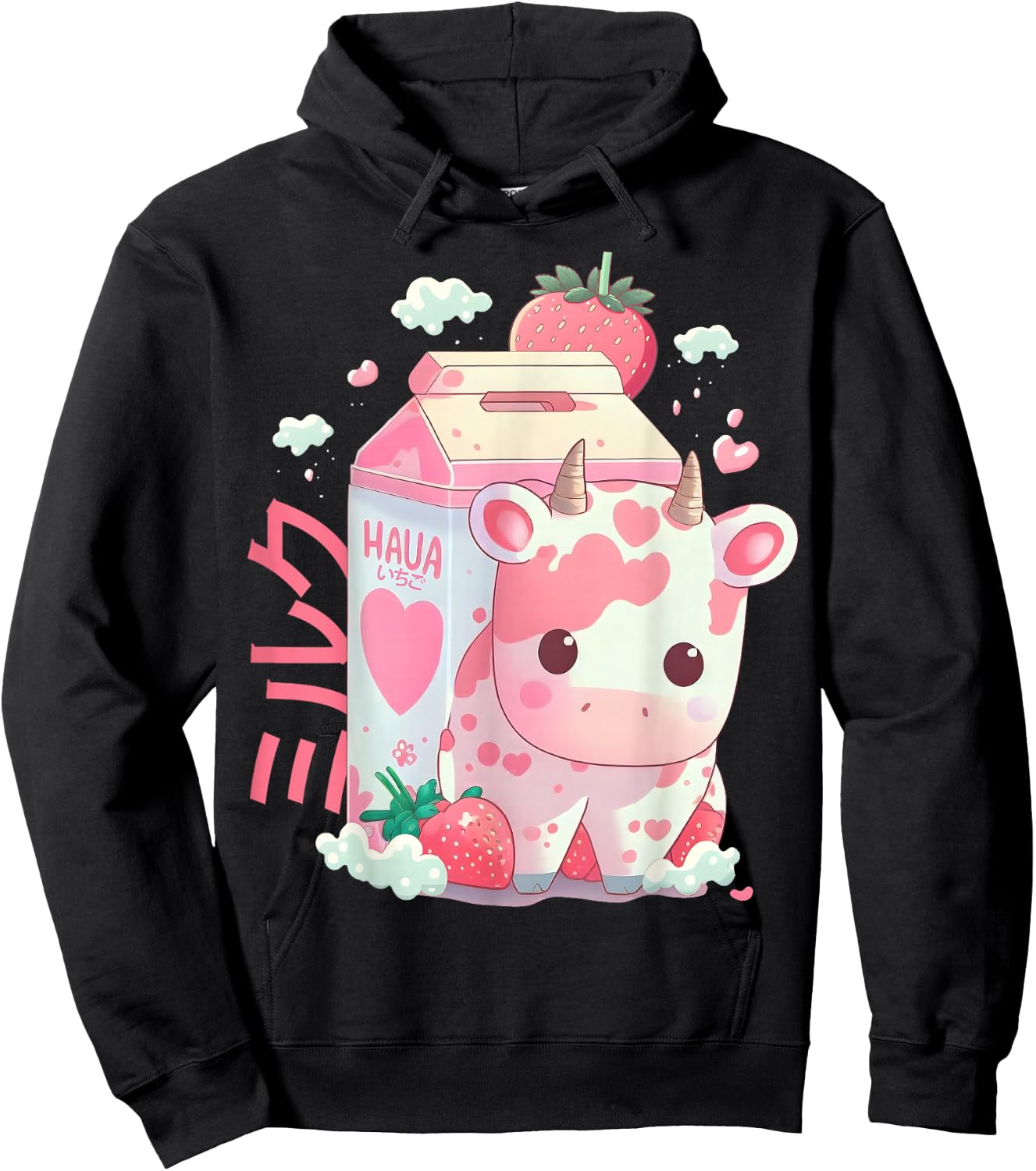 Strawberry Milk Milkshake Cow Carton Cute Kawaii Japanese Hoodie - Hoodie | Black