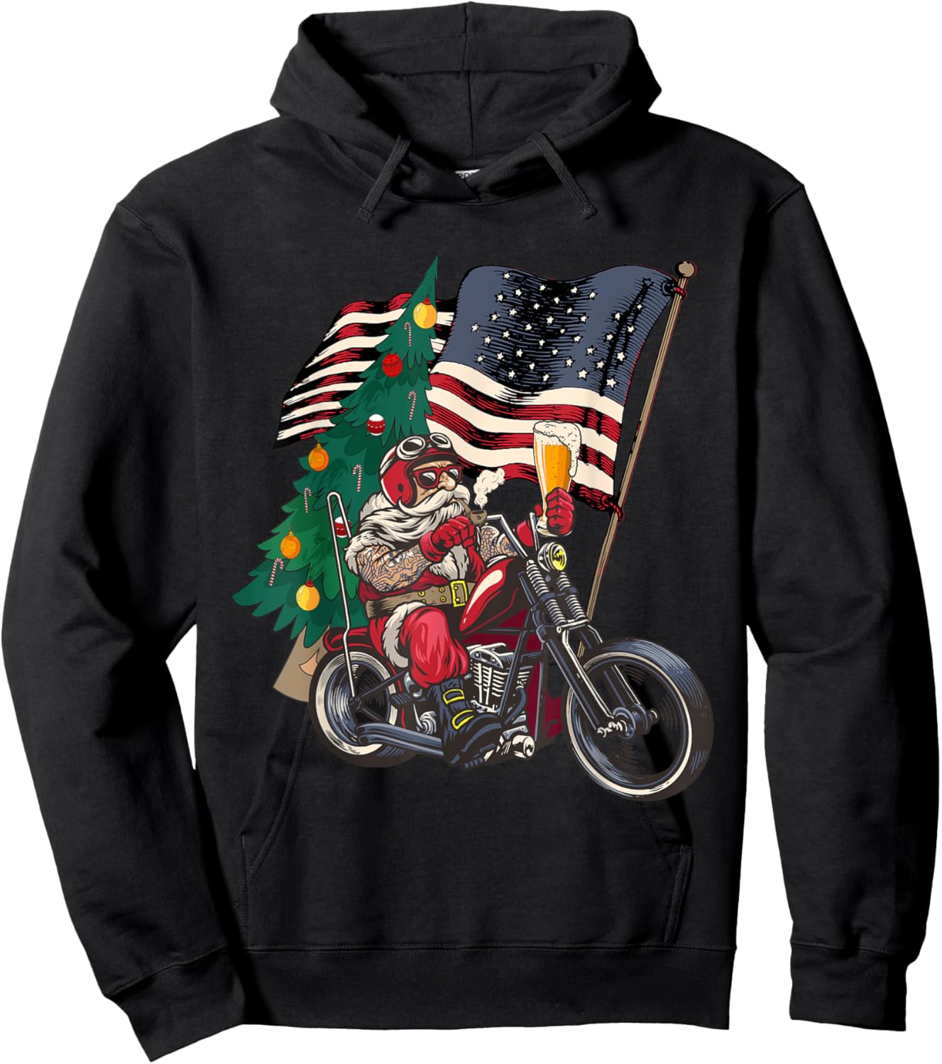 Santa Riding Motorcycle on Christmas - Biker US Flag Hoodie - Hoodie | Black