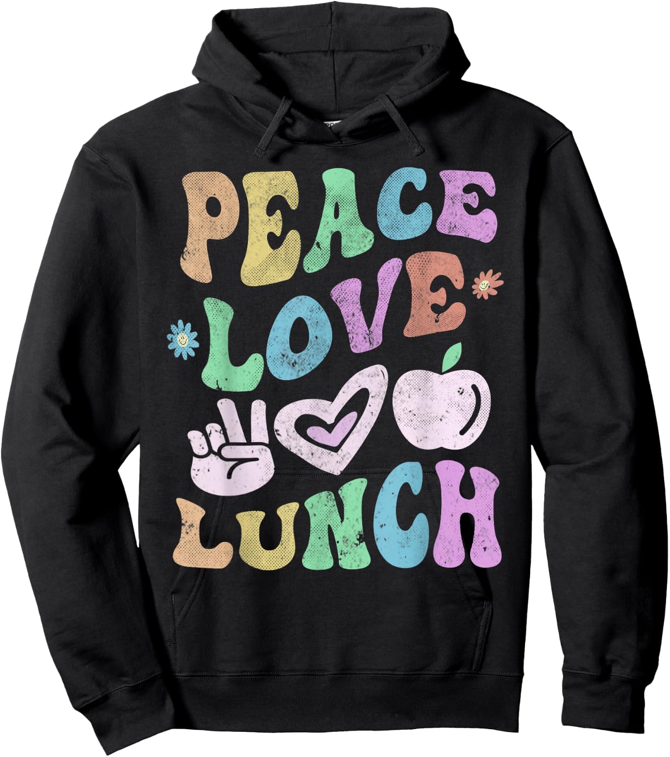 Vintage PEACE LOVE LUNCH LADY Retro Cafeteria Groovy Crew Hoodie - Hoodie | Black