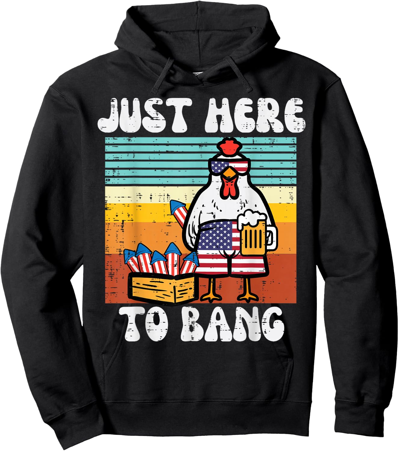 4th Of July Chicken Fireworks Here To Bang Retro America Men Hoodie - Hoodie | Black