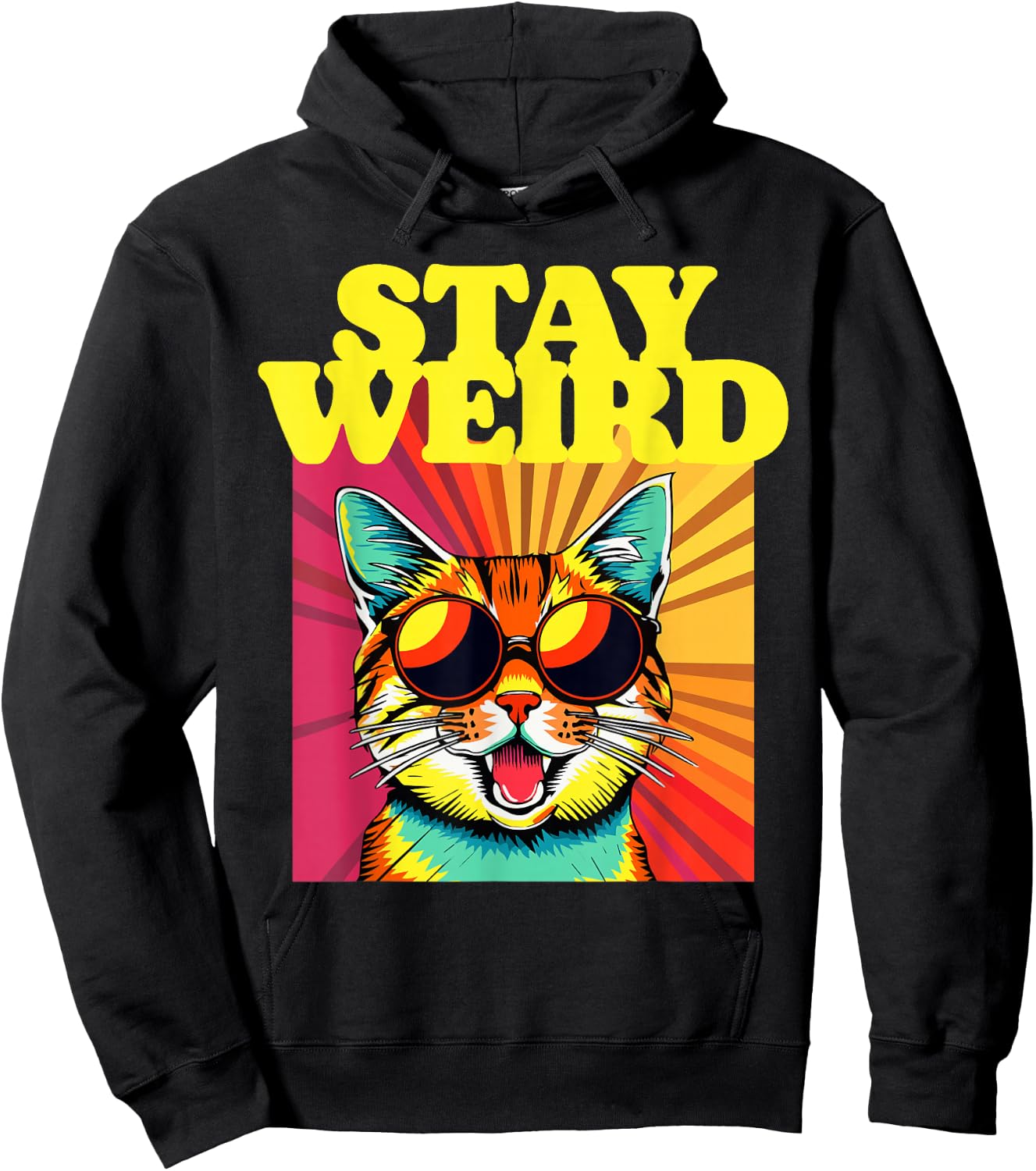 Stay Weird Awesome 80s Abstract Art Cool Cat Hoodie - Hoodie | Black