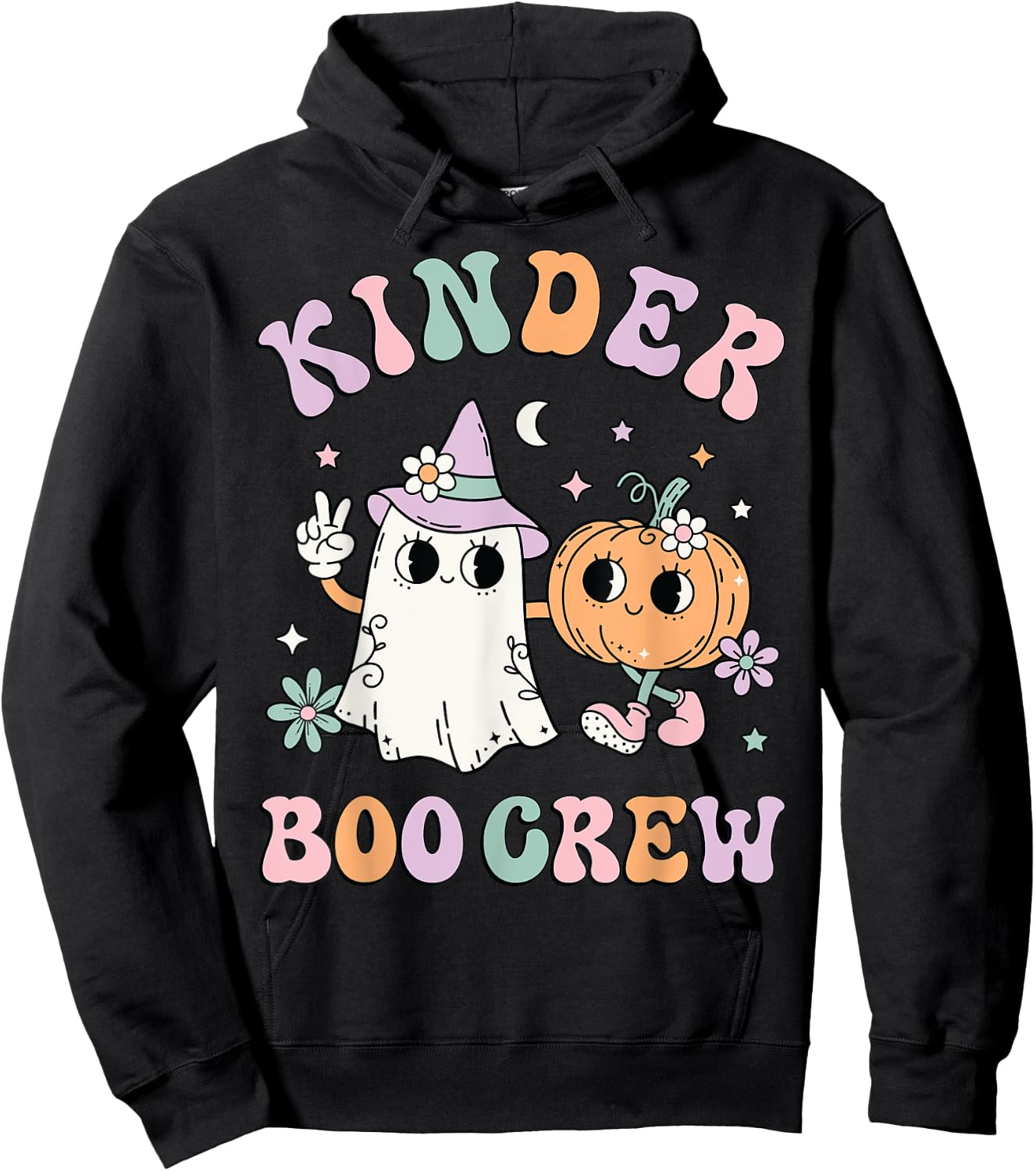 Kinder Boo Crew Halloween Floral Ghost Kindergarten Teacher Men Women Kids Hoodie - Hoodie | Black
