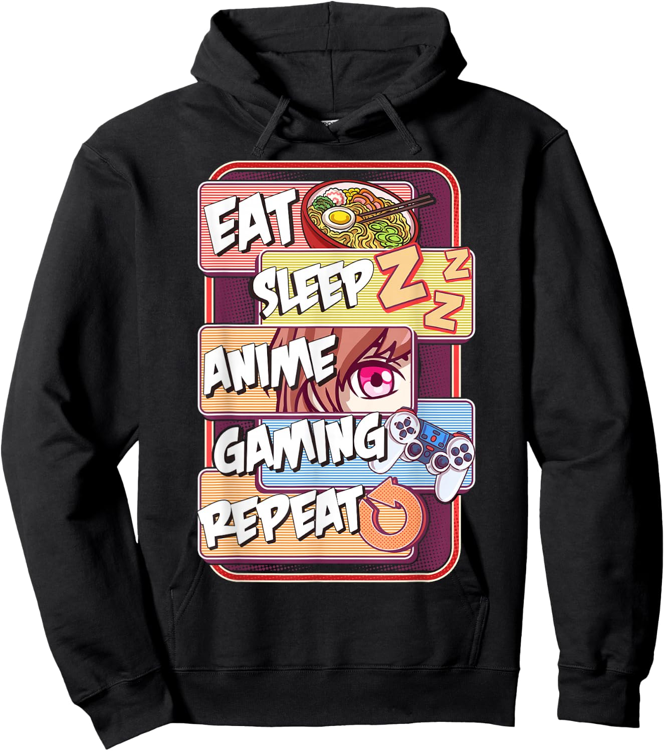 Kawaii Eat Sleep Anime Gaming Repeat Hoodie - Hoodie | Black