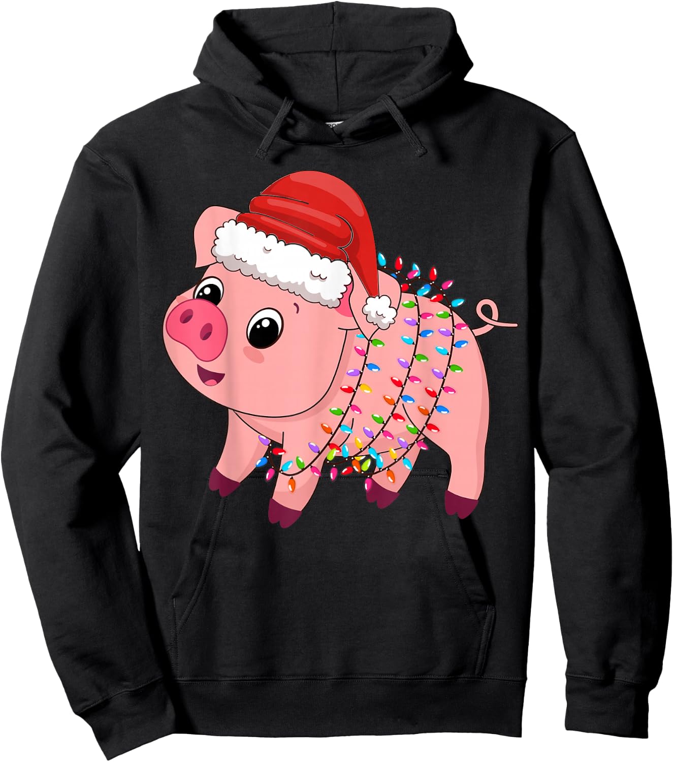 Christmas Lights Pig Wearing Xmas Hat - Pig Lover Farmer Hoodie - Hoodie | Black