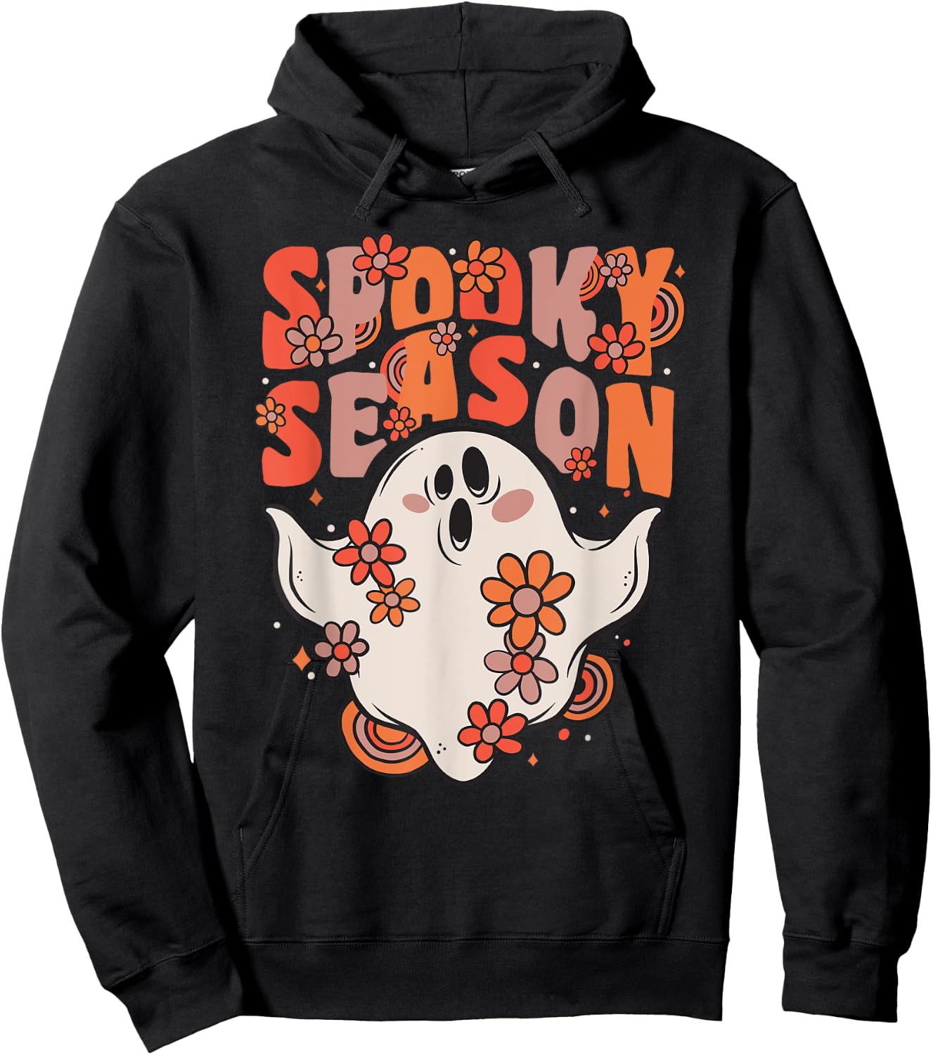 Spooky Season Groovy Ghost With Vintage Flowers Halloween Hoodie - Hoodie | Black