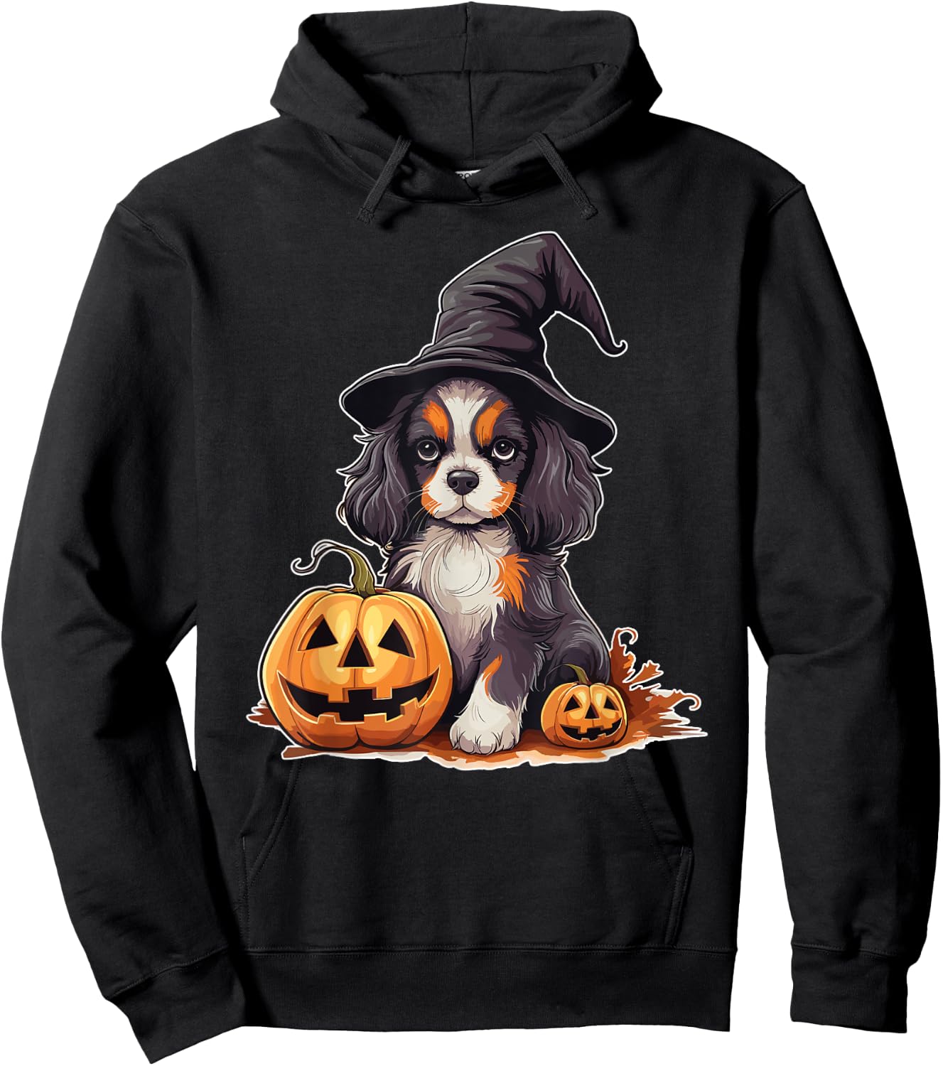 Halloween Witch Hat Pumpkin Dog Cavalier King Charles Women Kids Hoodie - Hoodie | Black