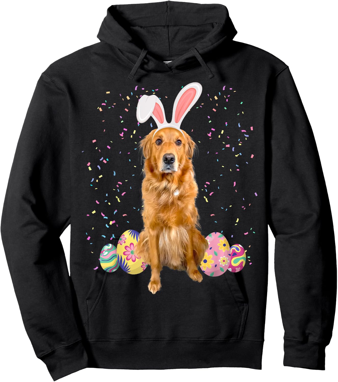Cute Easter Golden Retriever With Easter Bunny Ears & Eggs Hoodie - Hoodie | Black